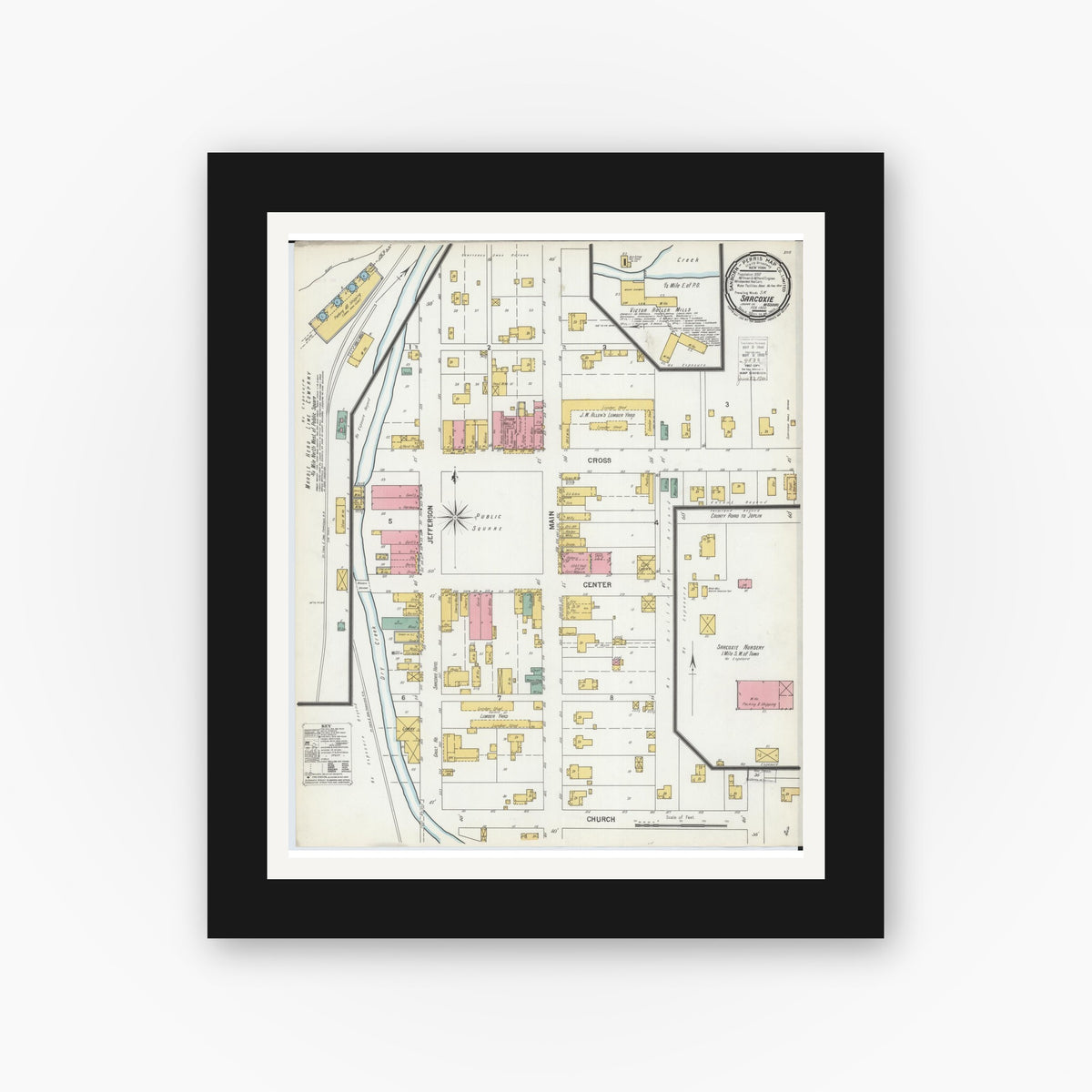 Old map wall art mockup — black gallery frame with white mat — Sanborn Fire Insurance Map from Sarcoxie, Jasper County, Missouri (1900), Sheet #0001