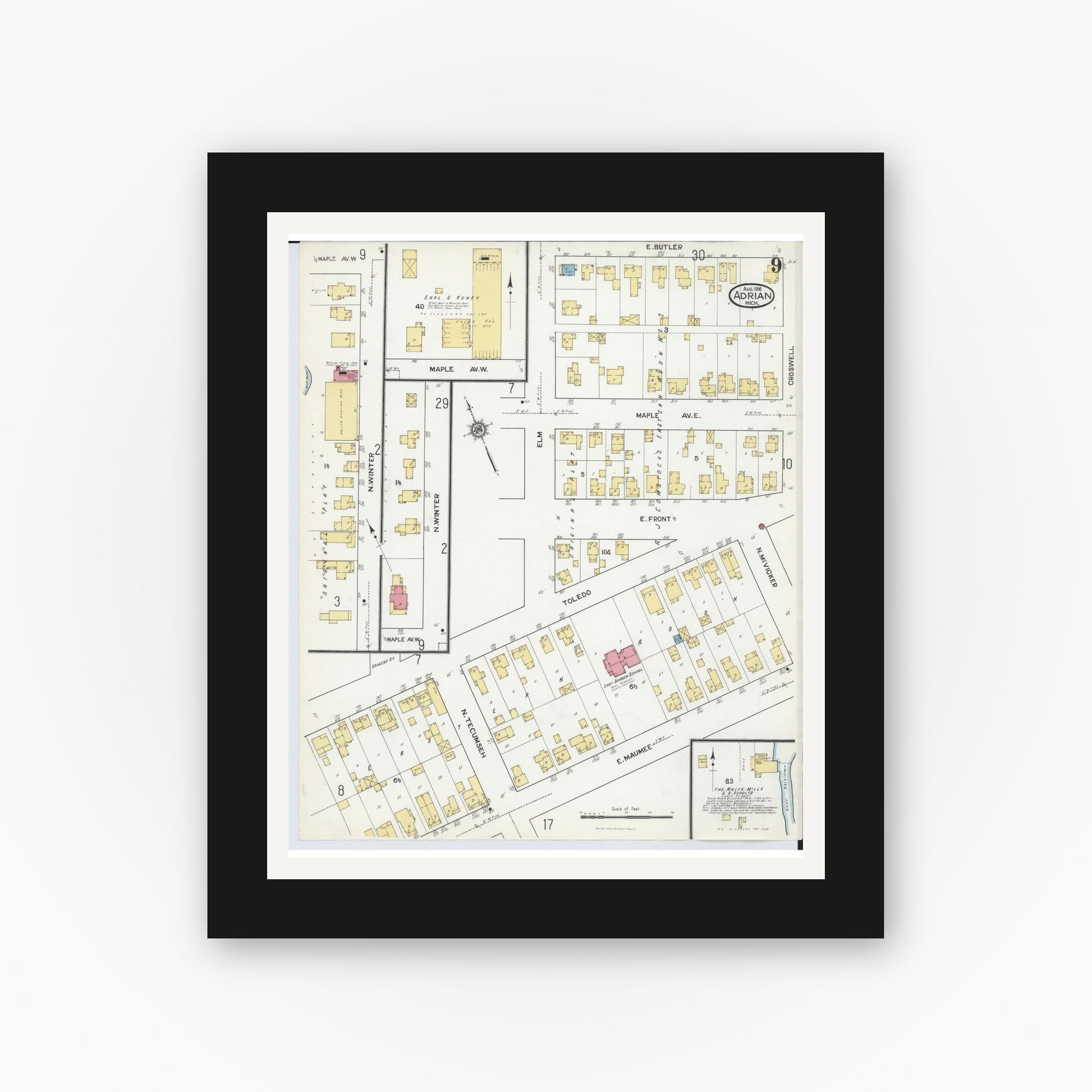 Old map wall art mockup — black gallery frame with white mat — Sanborn Fire Insurance Map from Adrian, Lenawee County, Michigan (1916), Sheet #0009