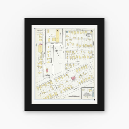 Old map wall art mockup — black gallery frame with white mat — Sanborn Fire Insurance Map from Adrian, Lenawee County, Michigan (1916), Sheet #0009