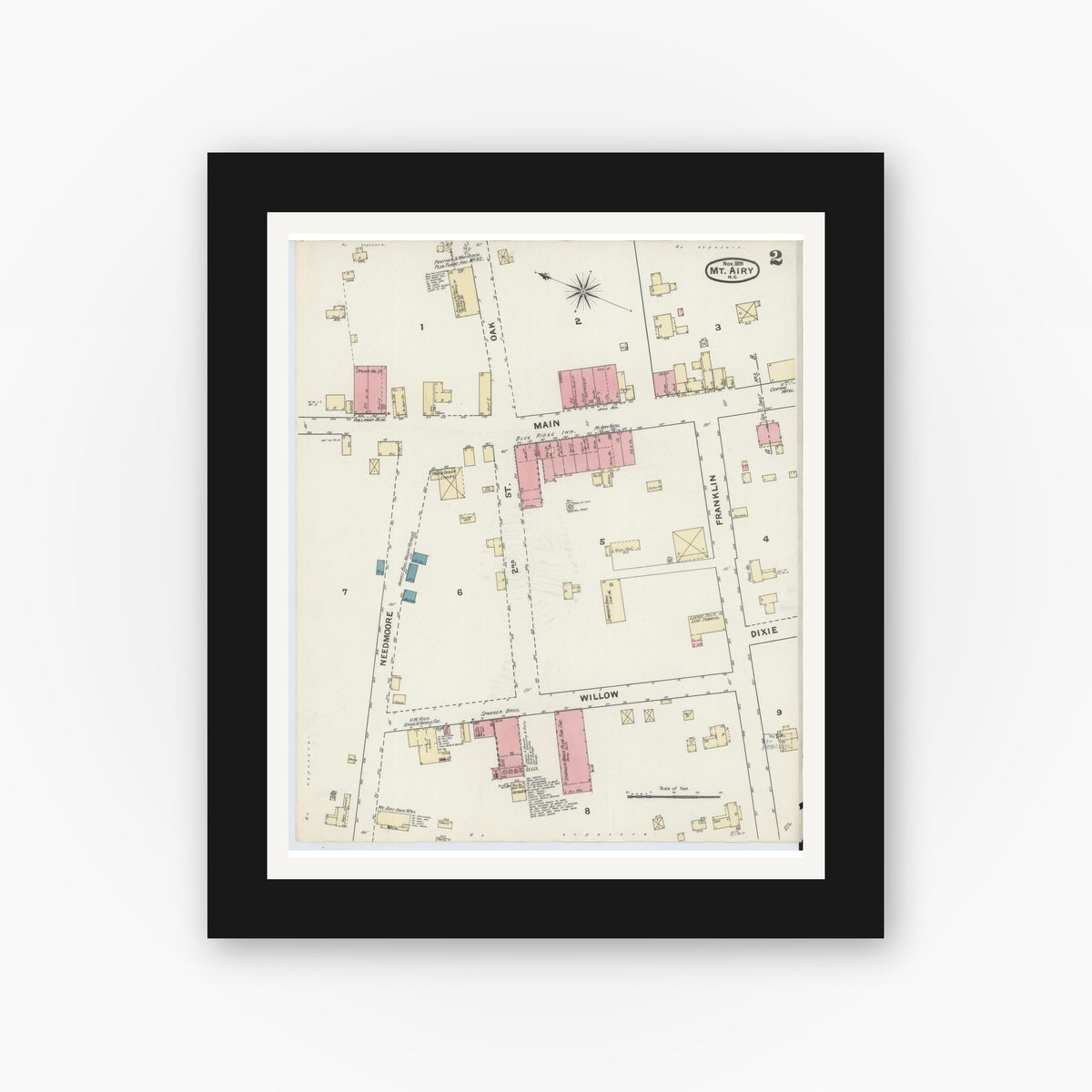 Old map wall art mockup — black gallery frame with white mat — Sanborn Fire Insurance Map from Mount Airy, Surry County, North Carolina (1891), Sheet #0002