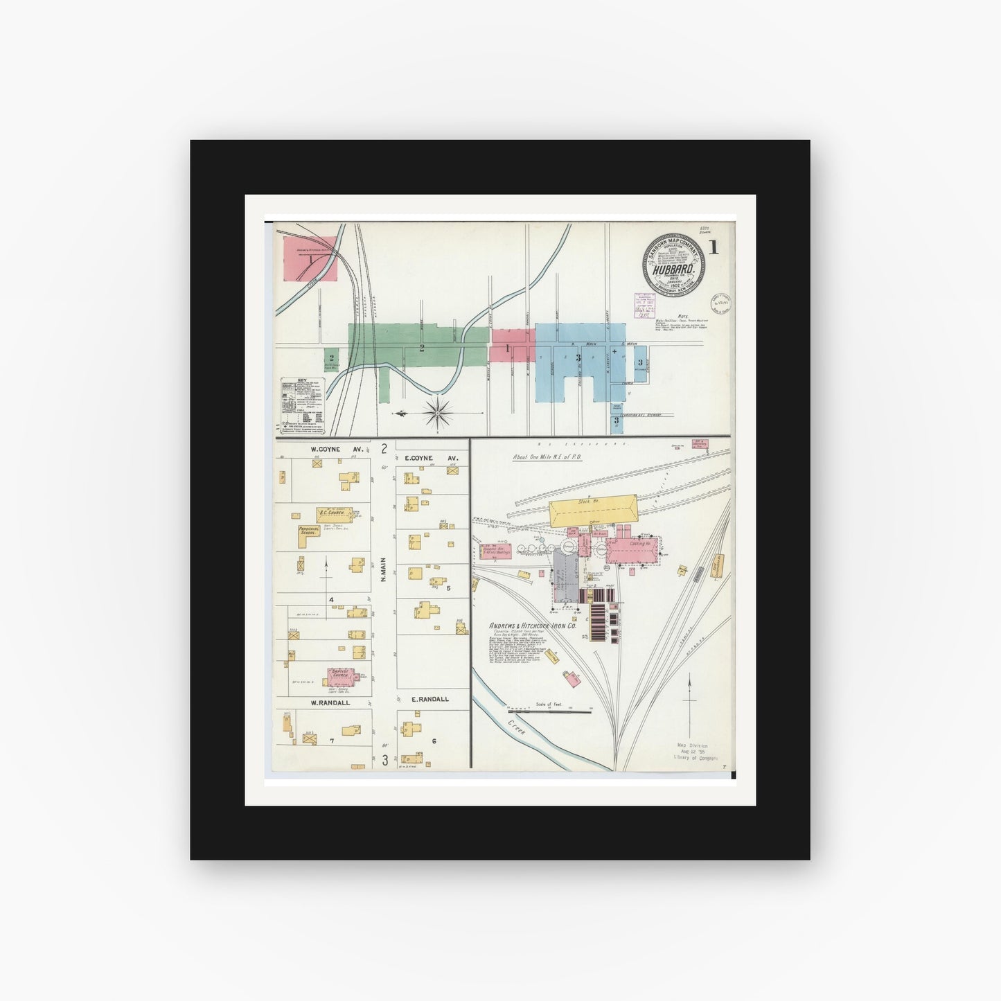 Old map wall art mockup — black gallery frame with white mat — Sanborn Fire Insurance Map from Hubbard, Trumbull County, Ohio (1902), Sheet #0001