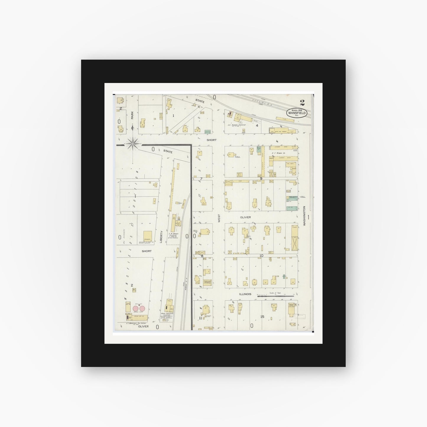 Old map wall art mockup — black gallery frame with white mat — Sanborn Fire Insurance Map from Mansfield, Piatt County, Illinois (1898), Sheet #0002