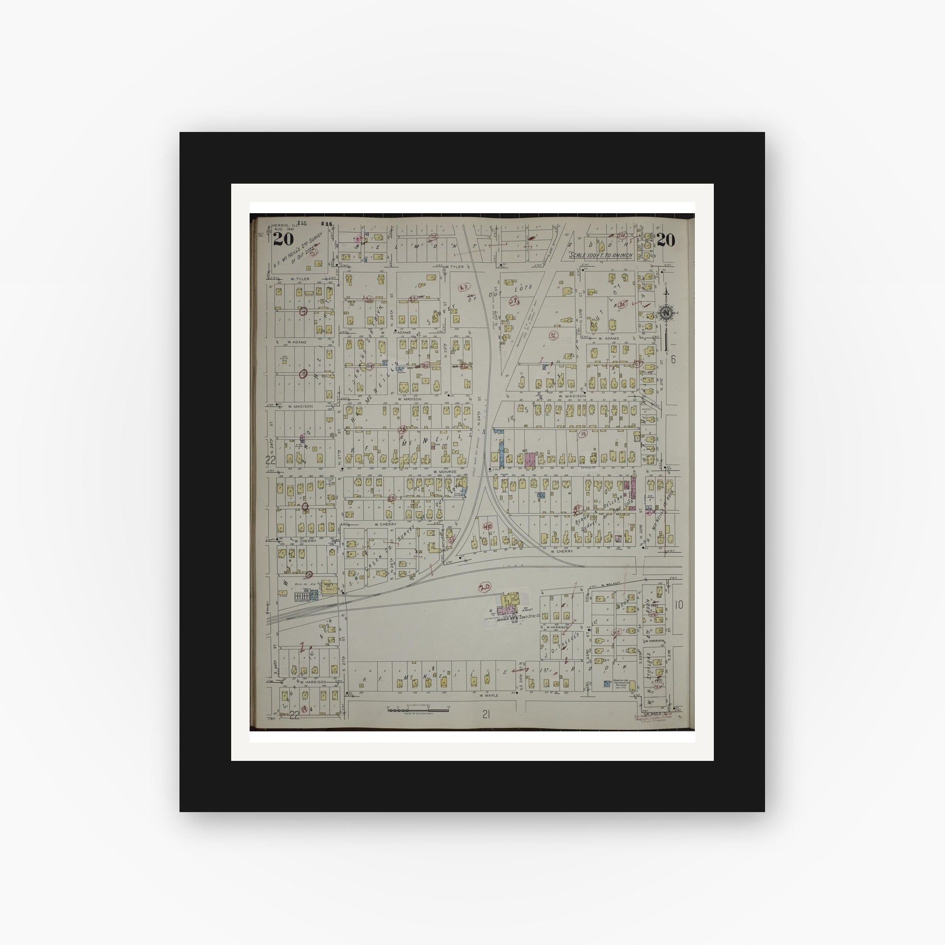 Old map wall art mockup — black gallery frame with white mat — Sanborn Fire Insurance Map from Herrin, Williamson County, Illinois (1947), Sheet #0020