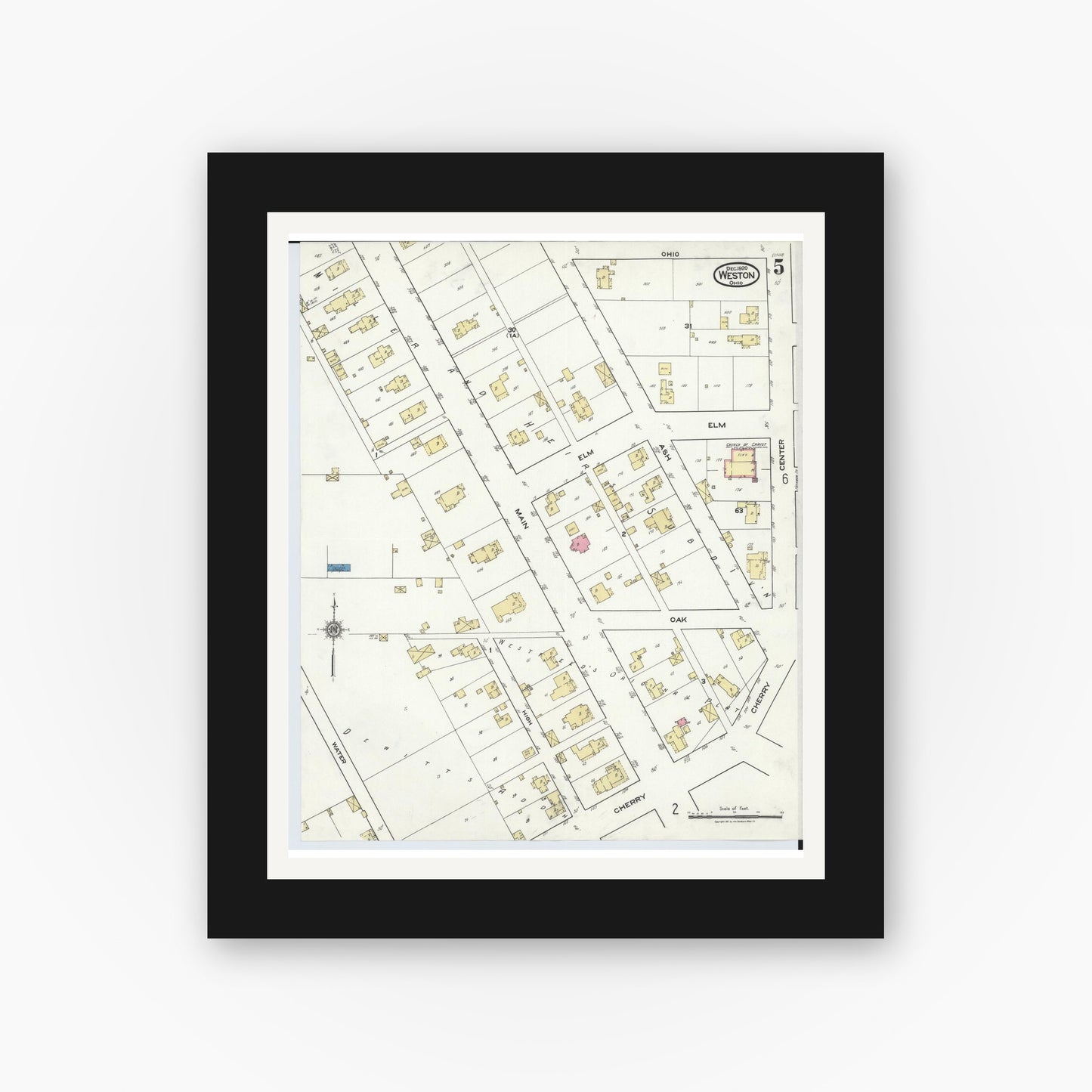 Old map wall art mockup — black gallery frame with white mat — Sanborn Fire Insurance Map from Weston, Wood County, Ohio (1920), Sheet #0005