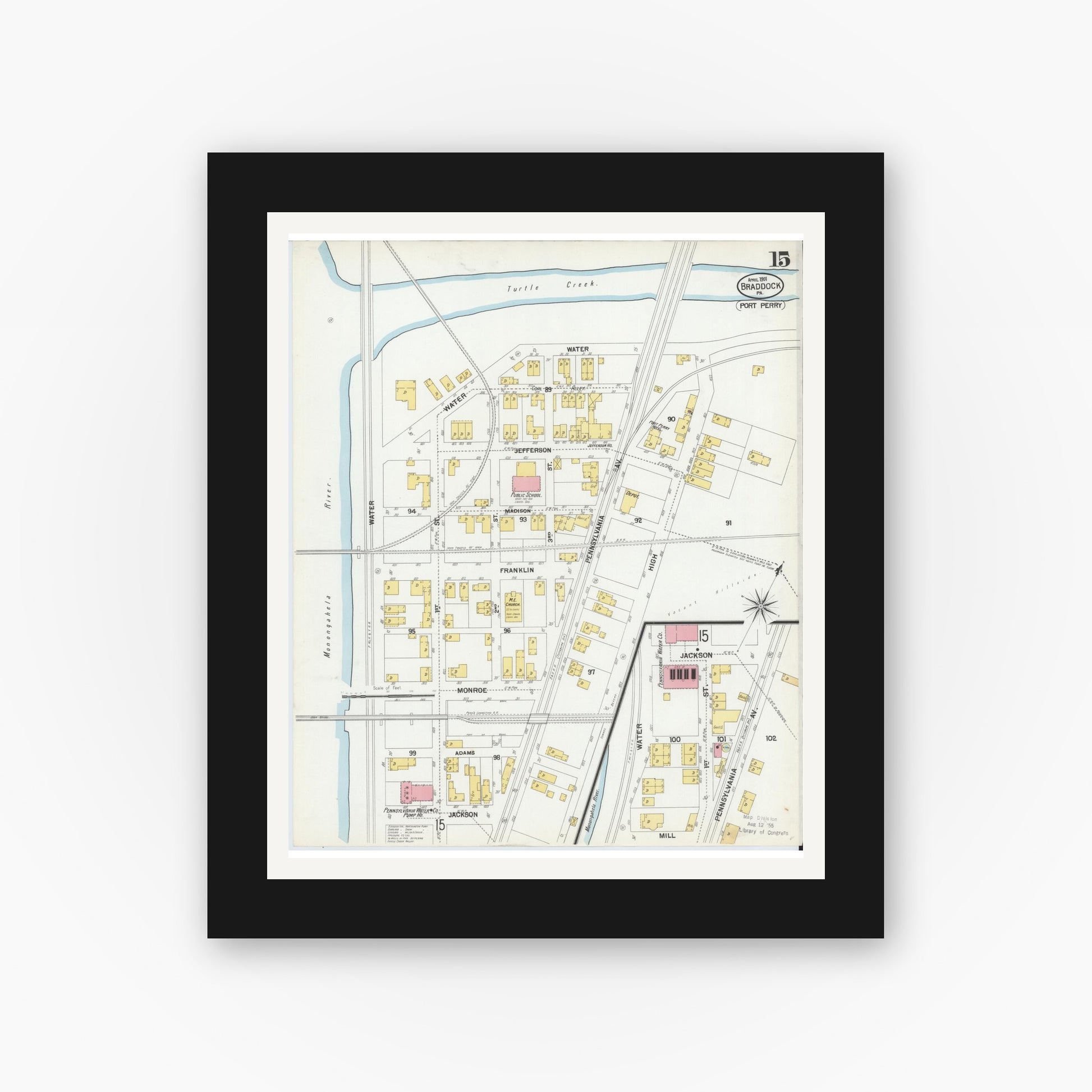 Old map wall art mockup — black gallery frame with white mat — Sanborn Fire Insurance Map from Braddock, Allegheny County, Pennsylvania (1901), Sheet #0015