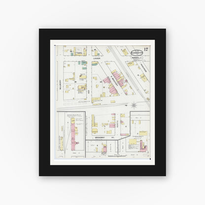Old map wall art mockup — black gallery frame with white mat — Sanborn Fire Insurance Map from Bloomington, McLean County, Illinois (1892), Sheet #0017