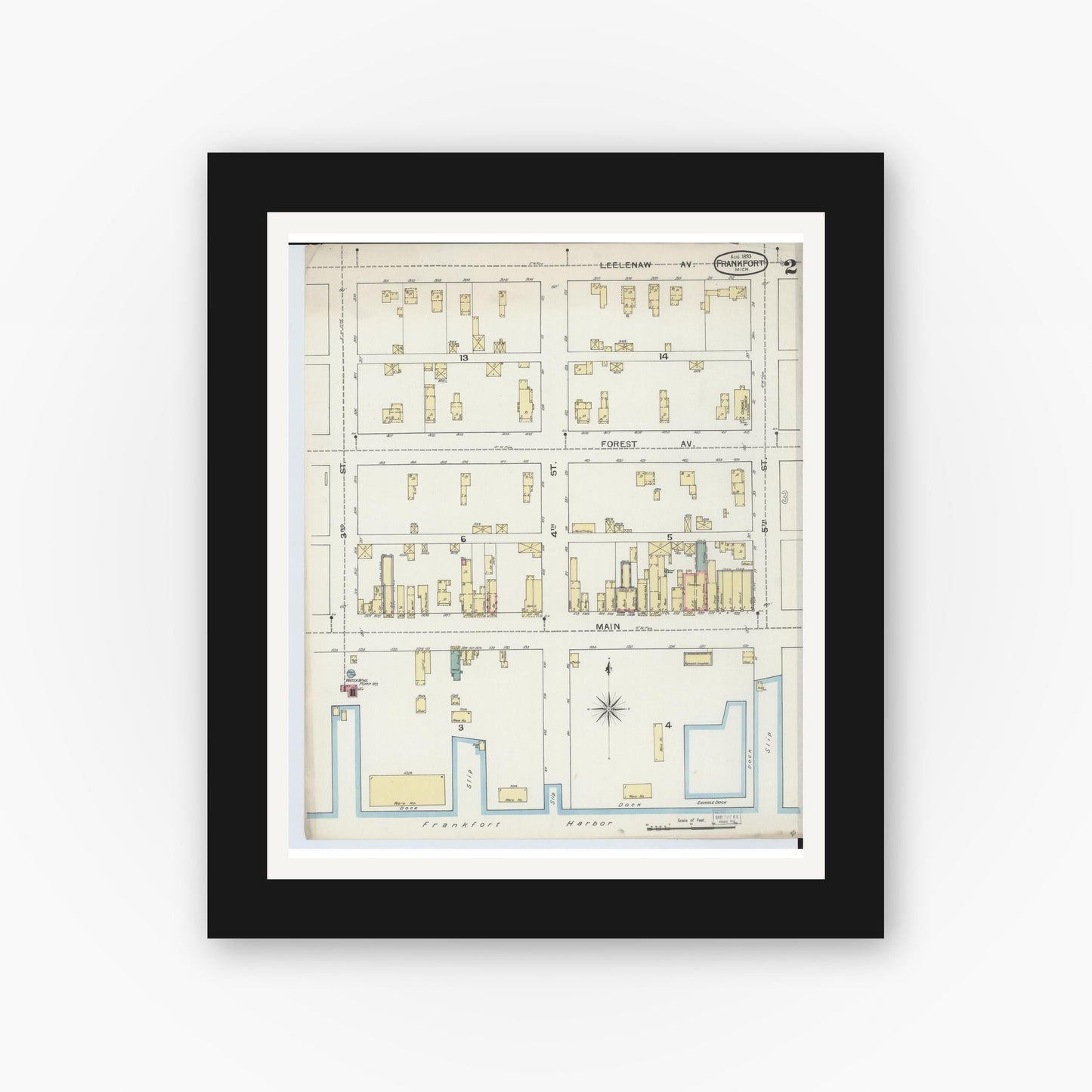 Old map wall art mockup — black gallery frame with white mat — Sanborn Fire Insurance Map from Frankfort, Benzie County, Michigan (1893), Sheet #0002
