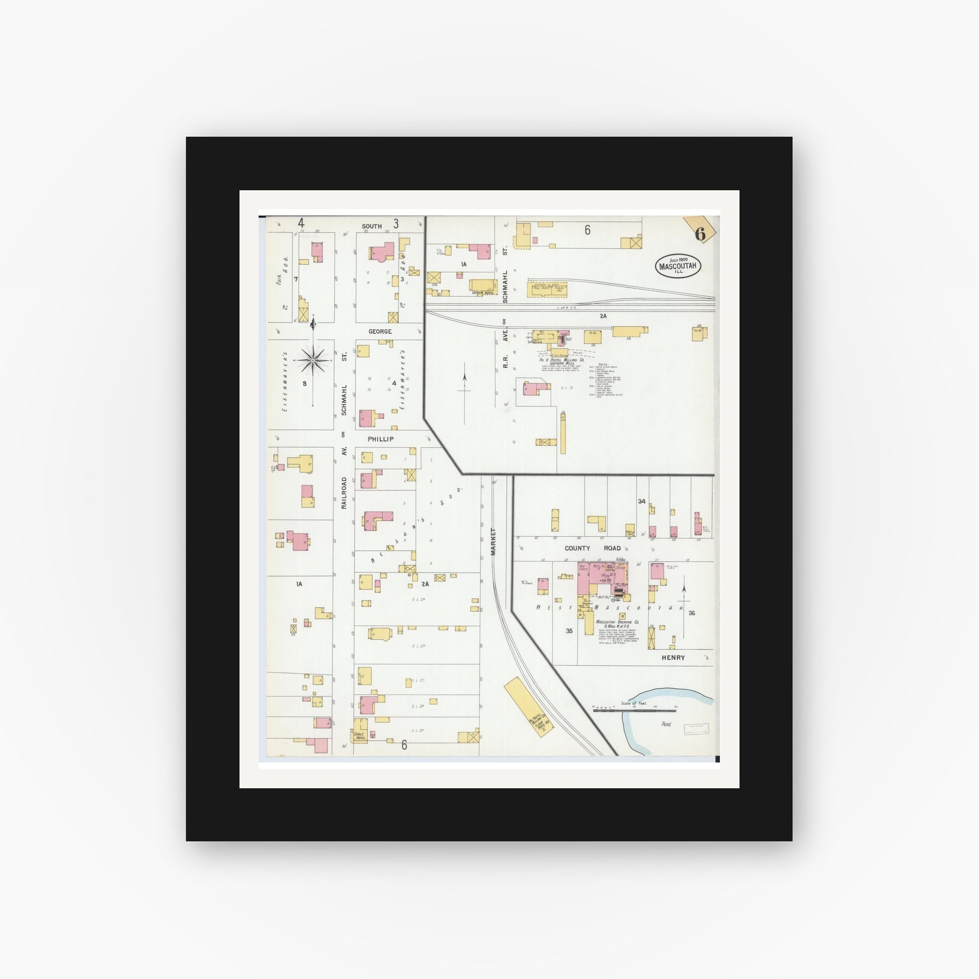 Old map wall art mockup — black gallery frame with white mat — Sanborn Fire Insurance Map from Mascoutah, Saint Clair County, Illinois (1900), Sheet #0006