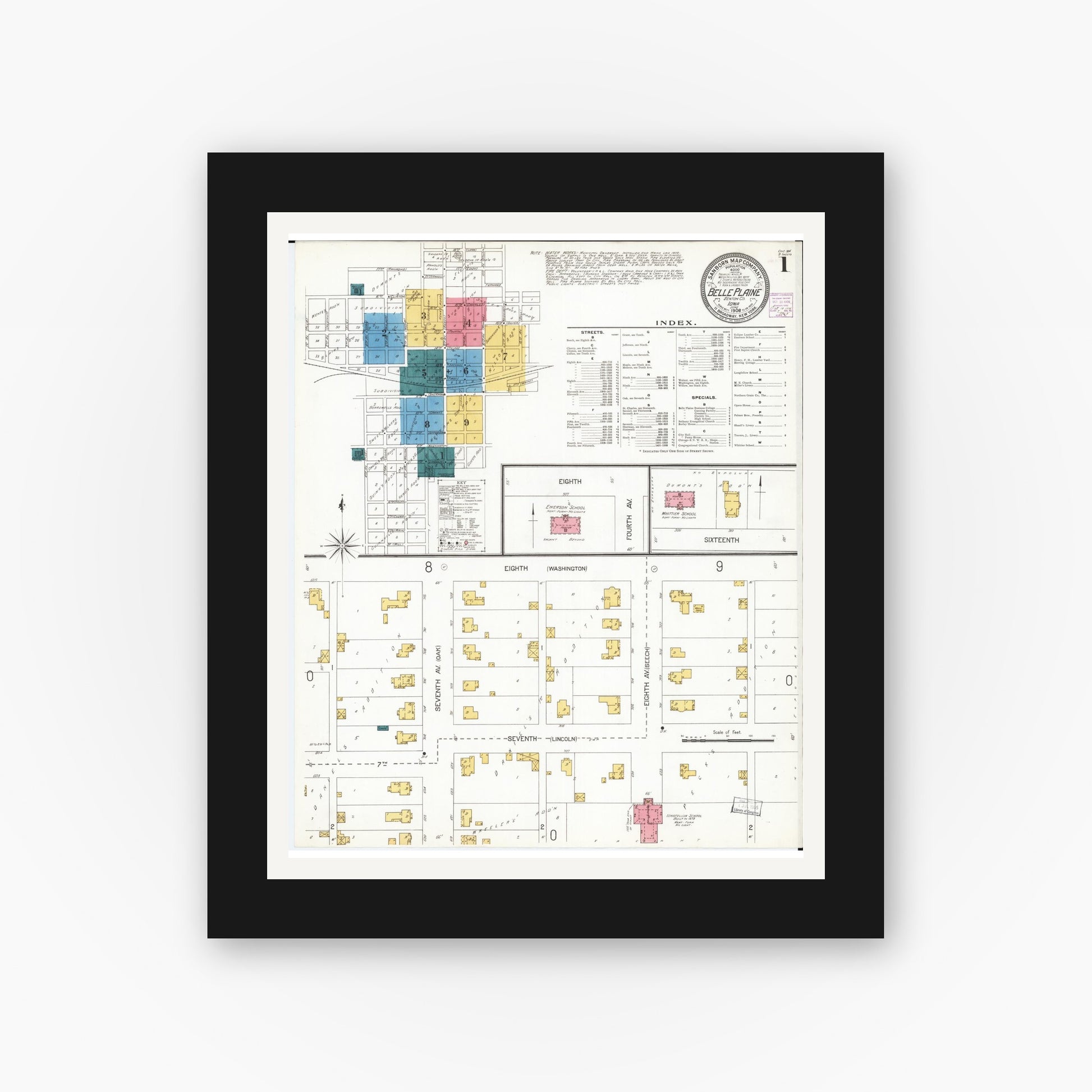 Old map wall art mockup — black gallery frame with white mat — Sanborn Fire Insurance Map from Belle Plaine, Benton County, Iowa (1906) â€” Complete Set