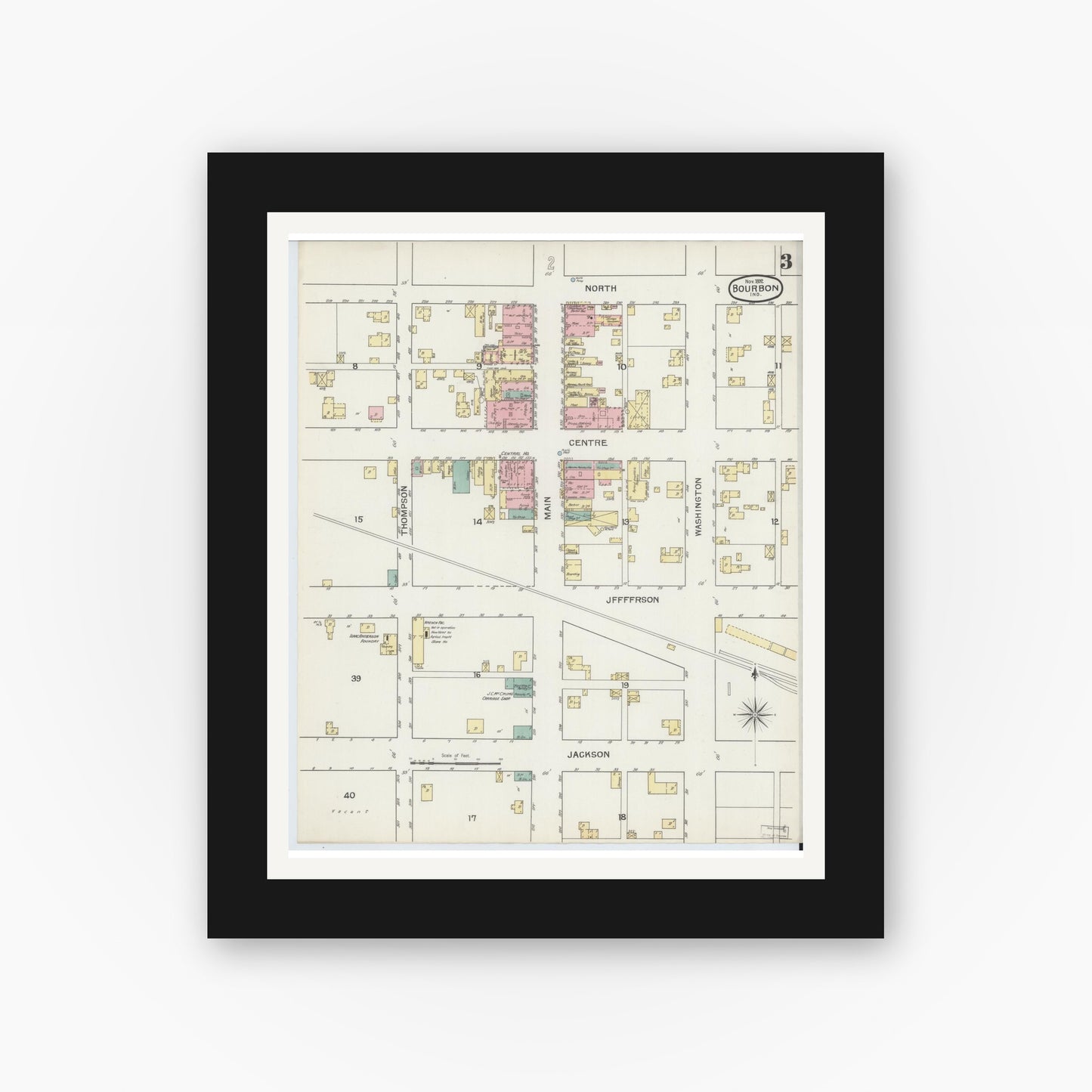 Old map wall art mockup — black gallery frame with white mat — Sanborn Fire Insurance Map from Bourbon, Marshall County, Indiana (1892), Sheet #0003