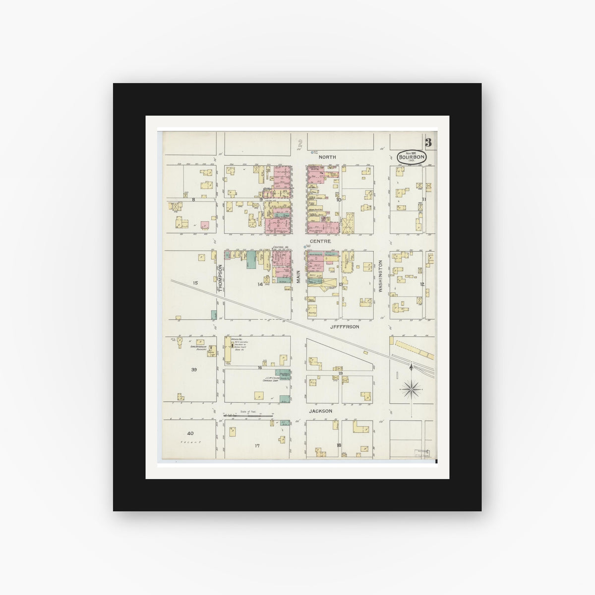 Old map wall art mockup — black gallery frame with white mat — Sanborn Fire Insurance Map from Bourbon, Marshall County, Indiana (1892), Sheet #0003