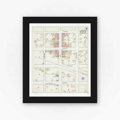 Old map wall art mockup — black gallery frame with white mat — Sanborn Fire Insurance Map from Bourbon, Marshall County, Indiana (1892), Sheet #0003