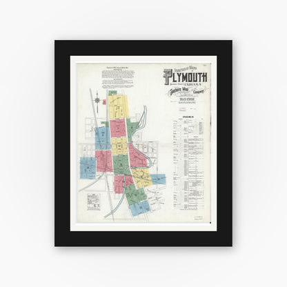 Old map wall art mockup — black gallery frame with white mat — Sanborn Fire Insurance Map from Plymouth, Marhshall County, Indiana (1910), Sheet #0001