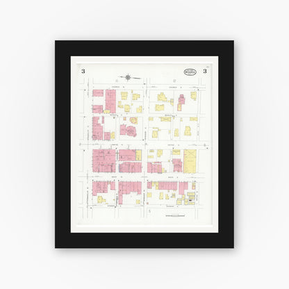 Old map wall art mockup — black gallery frame with white mat — Sanborn Fire Insurance Map from Monroe, Union County, North Carolina (1930), Sheet #0003