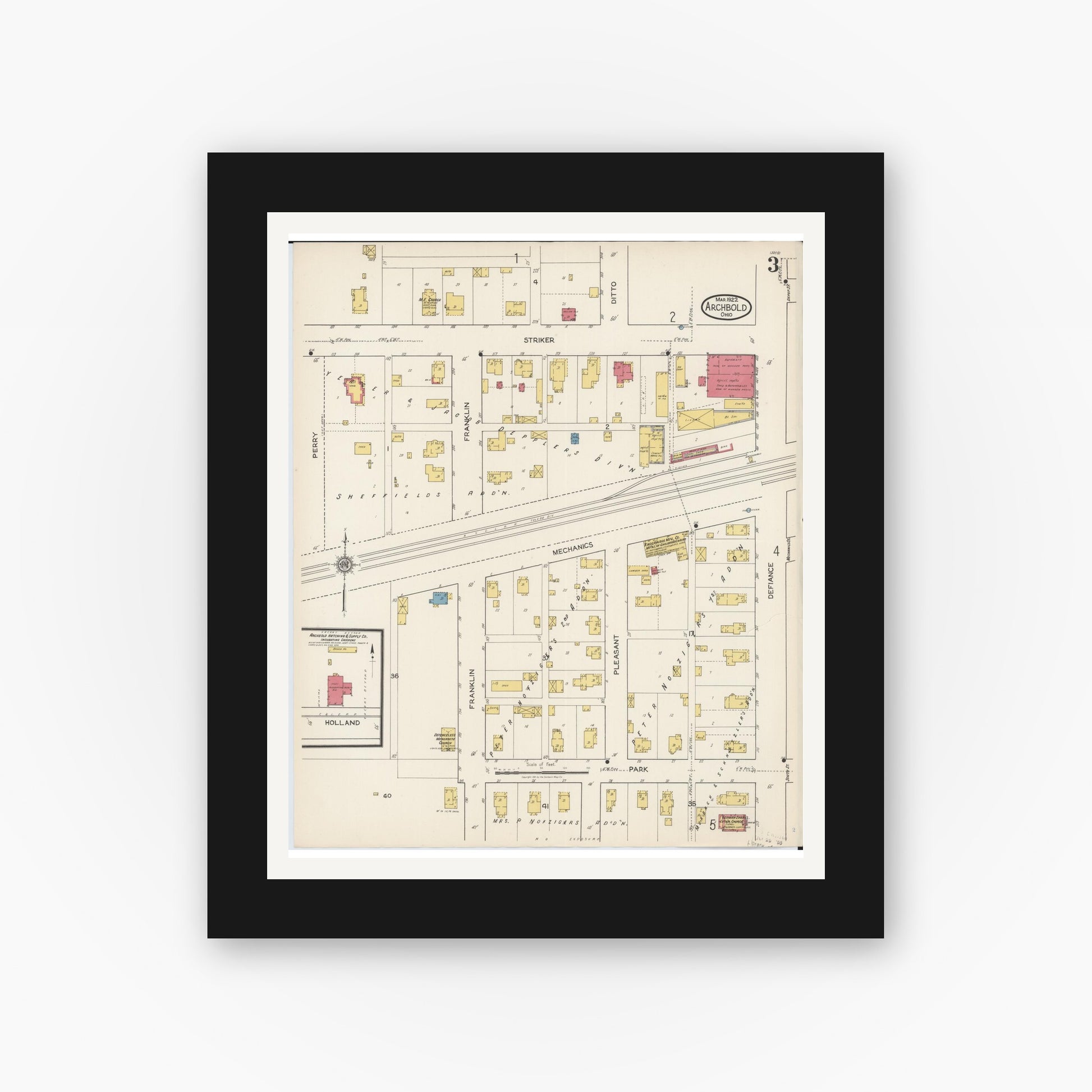 Old map wall art mockup — black gallery frame with white mat — Sanborn Fire Insurance Map from Archbold, Fulton County, Ohio (1922), Sheet #0003