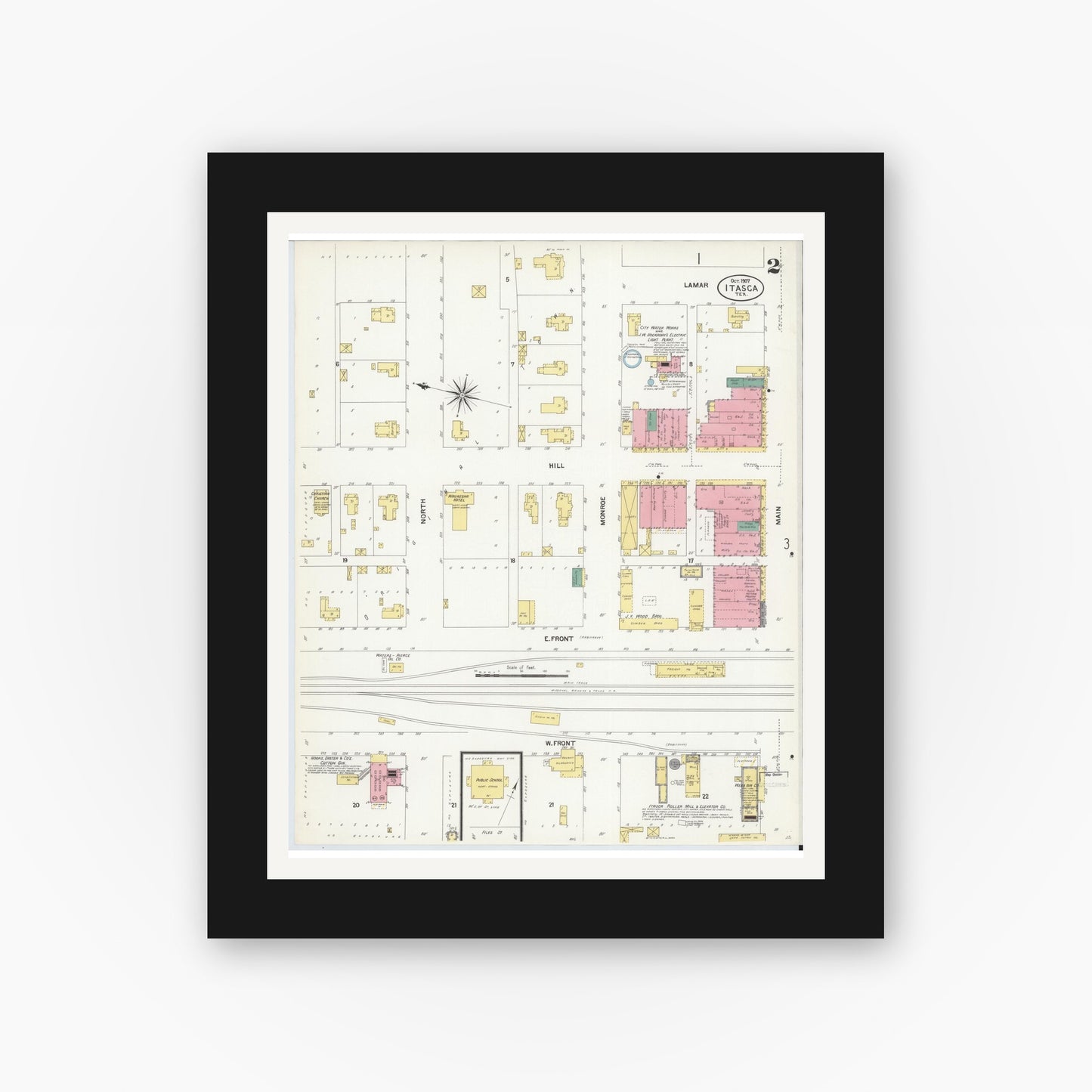 Old map wall art mockup — black gallery frame with white mat — Sanborn Fire Insurance Map from Itasca, Hill County, Texas (1907), Sheet #0002