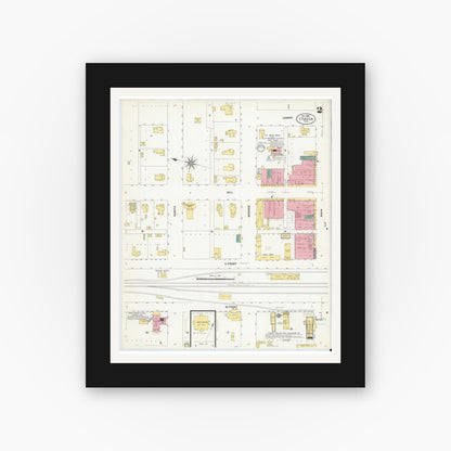 Old map wall art mockup — black gallery frame with white mat — Sanborn Fire Insurance Map from Itasca, Hill County, Texas (1907), Sheet #0002