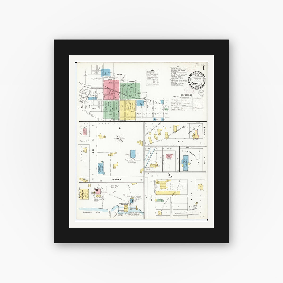 Old map wall art mockup — black gallery frame with white mat — Sanborn Fire Insurance Map from Anamosa, Jones County, Iowa (1899) â€” Complete Set