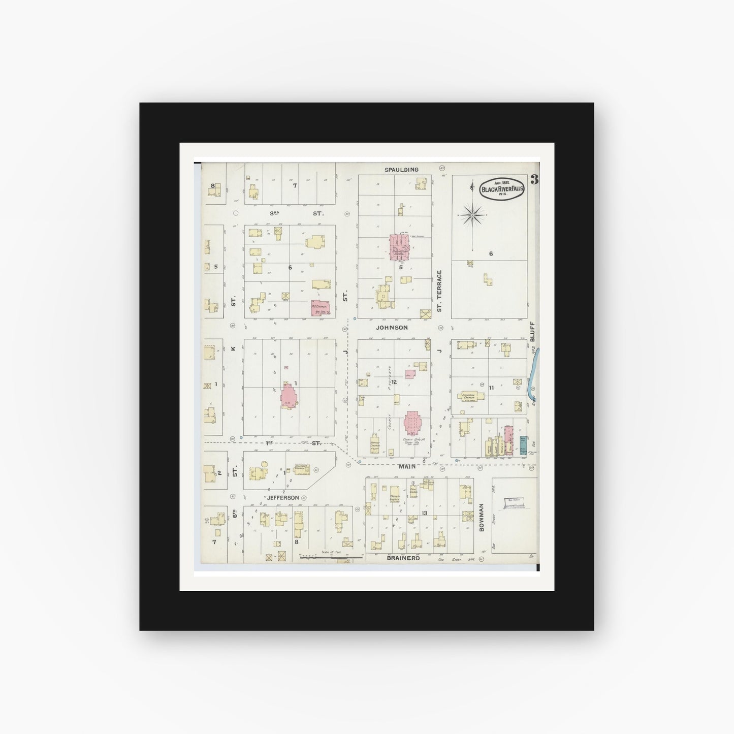 Old map wall art mockup — black gallery frame with white mat — Sanborn Fire Insurance Map from Black River Falls, Jackson County, Wisconsin (1892), Sheet #0003