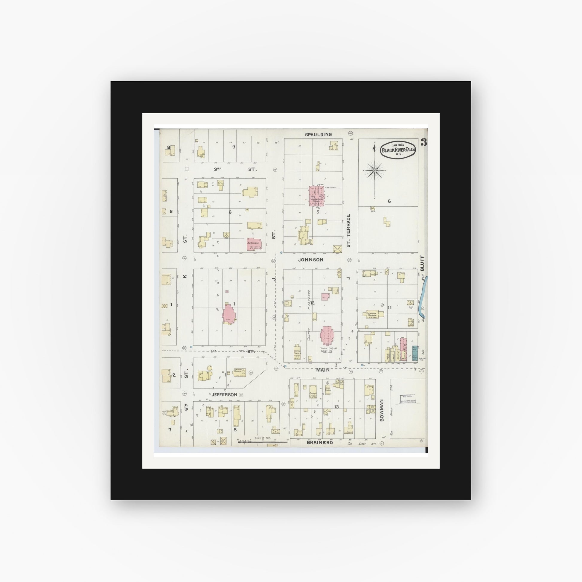 Old map wall art mockup — black gallery frame with white mat — Sanborn Fire Insurance Map from Black River Falls, Jackson County, Wisconsin (1892), Sheet #0003