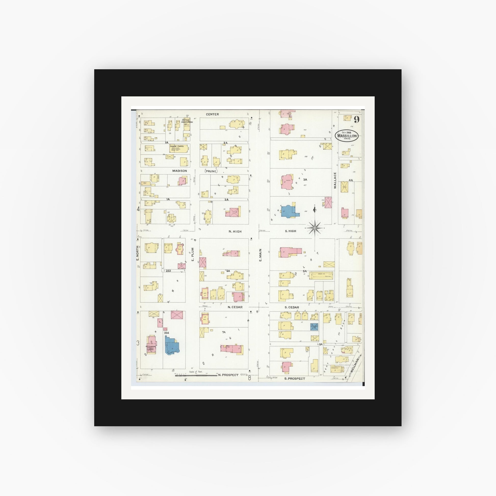 Old map wall art mockup — black gallery frame with white mat — Sanborn Fire Insurance Map from Massillon, Stark County, Ohio (1908), Sheet #0009