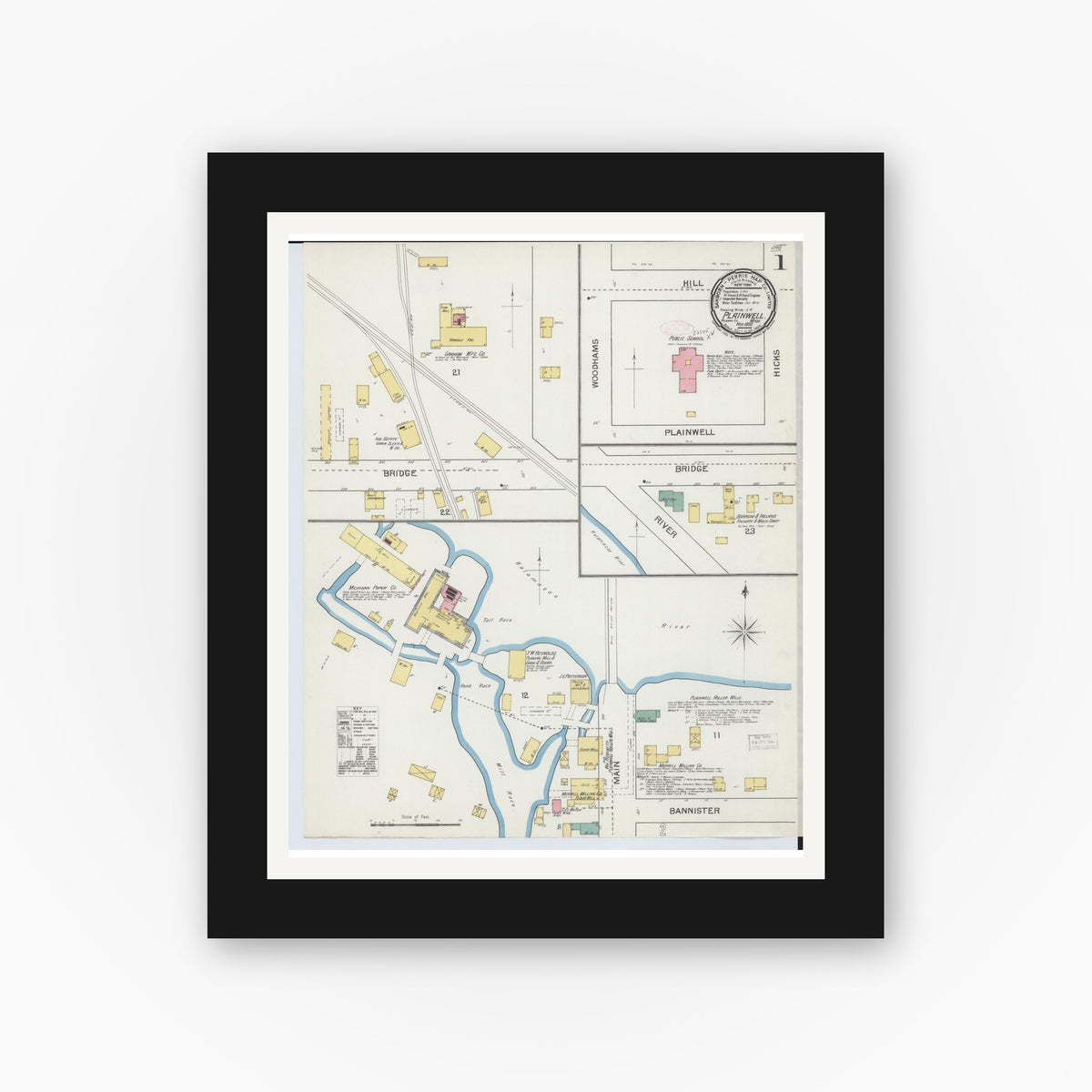 Old map wall art mockup — black gallery frame with white mat — Sanborn Fire Insurance Map from Plainwell, Allegan County, Michigan (1892), Sheet #0001