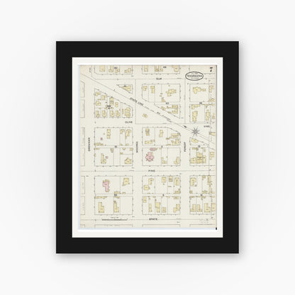 Old map wall art mockup — black gallery frame with white mat — Sanborn Fire Insurance Map from Texarkana, Bowie County, Texas (1888), Sheet #0007