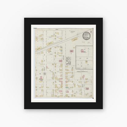Old map wall art mockup — black gallery frame with white mat — Sanborn Fire Insurance Map from West Alexandria, Preble County, Ohio (1892), Sheet #0001