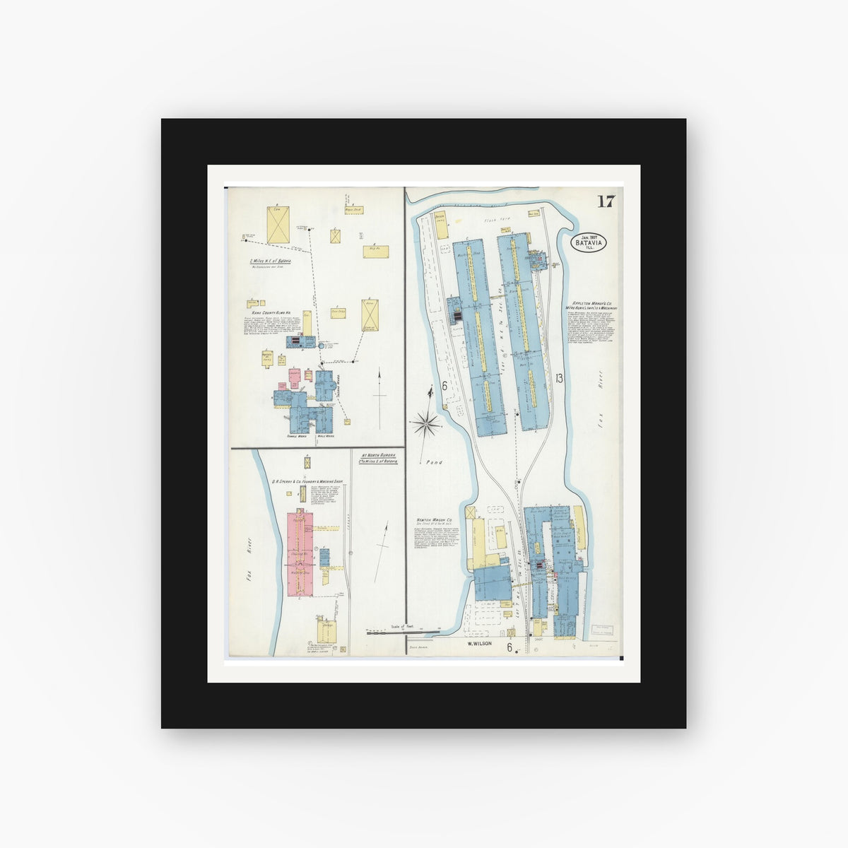 Old map wall art mockup — black gallery frame with white mat — Sanborn Fire Insurance Map from Batavia, Kane County, Illinois (1907), Sheet #0017