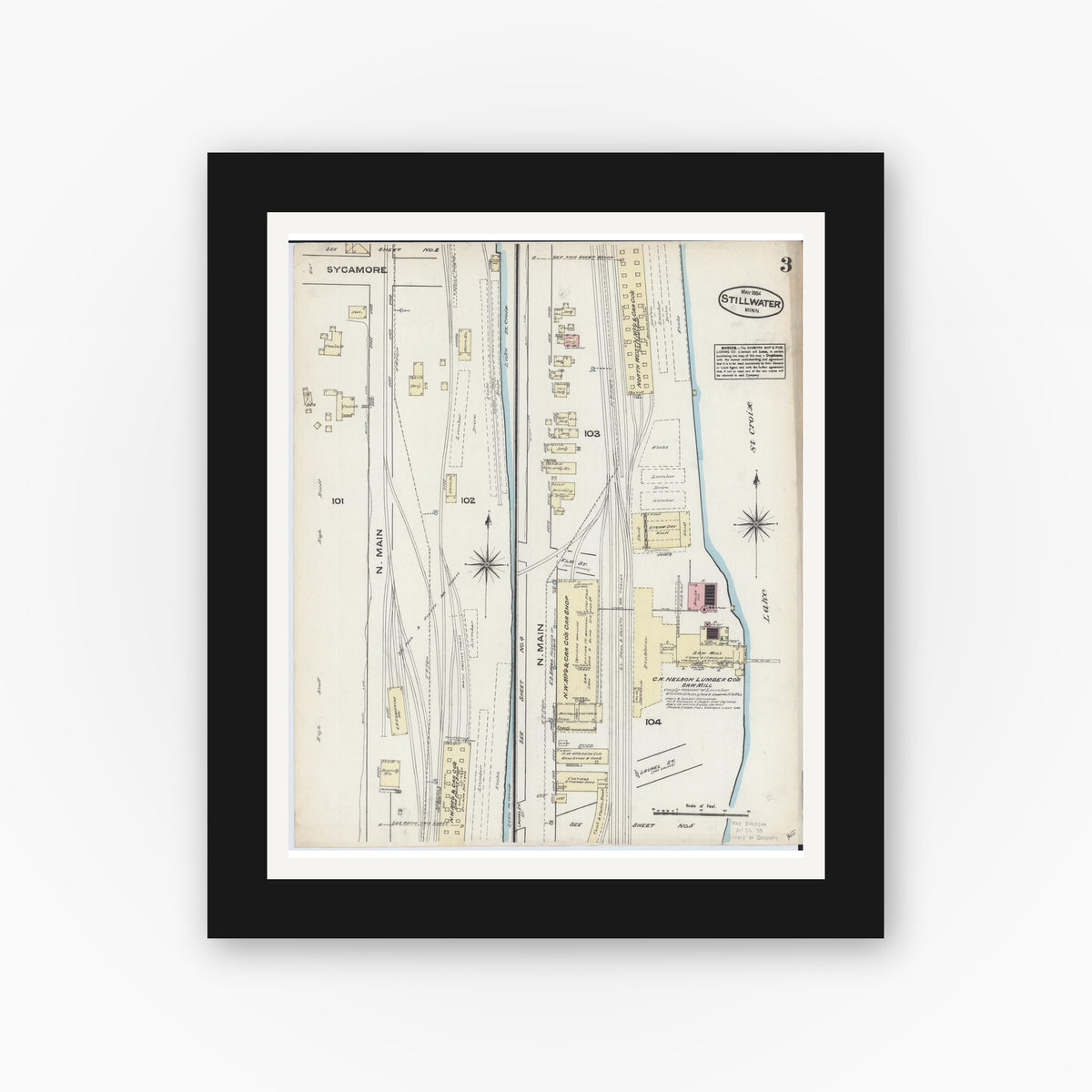 Old map wall art mockup — black gallery frame with white mat — Sanborn Fire Insurance Map from Stillwater, Washington County, Minnesota (1884), Sheet #0003