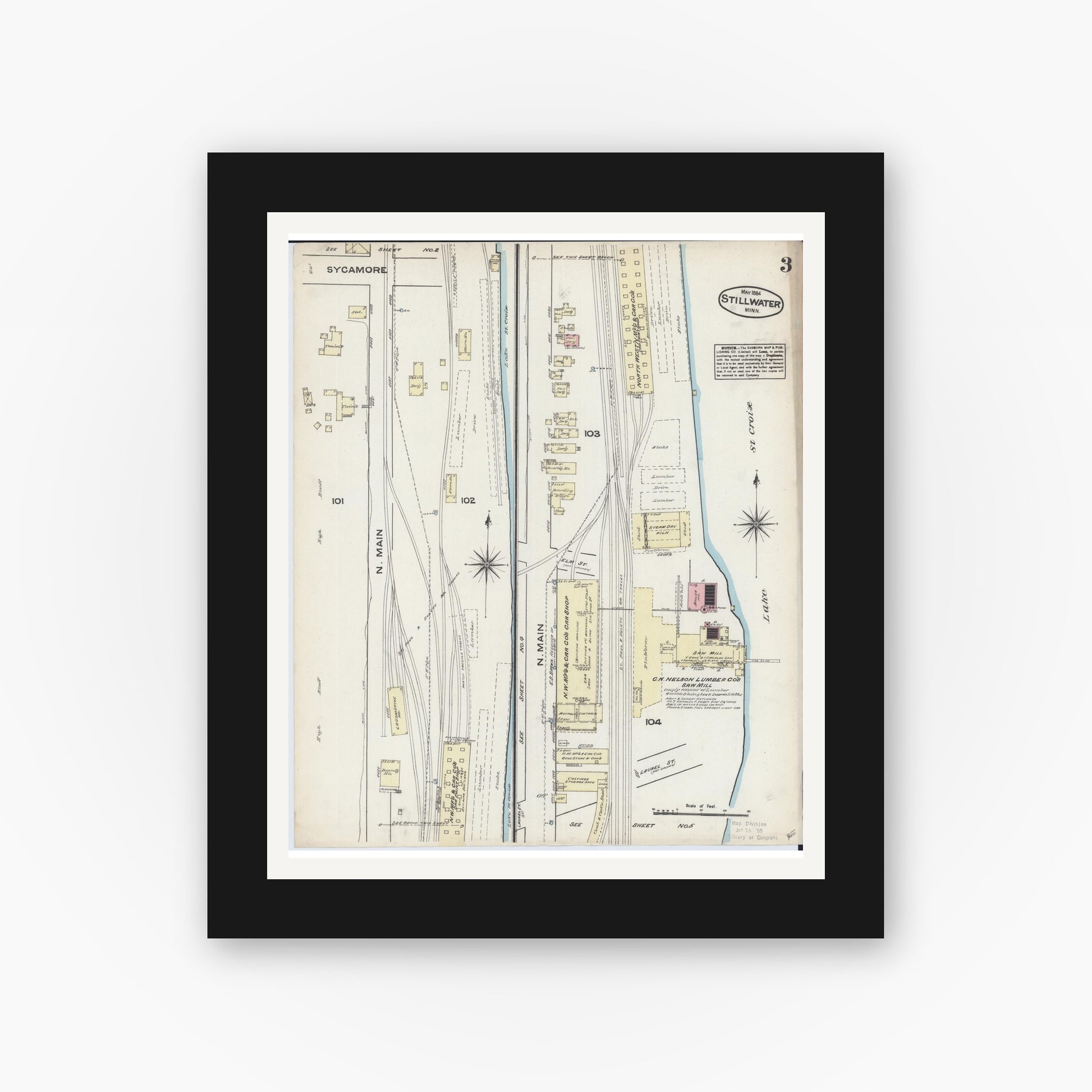 Old map wall art mockup — black gallery frame with white mat — Sanborn Fire Insurance Map from Stillwater, Washington County, Minnesota (1884), Sheet #0003