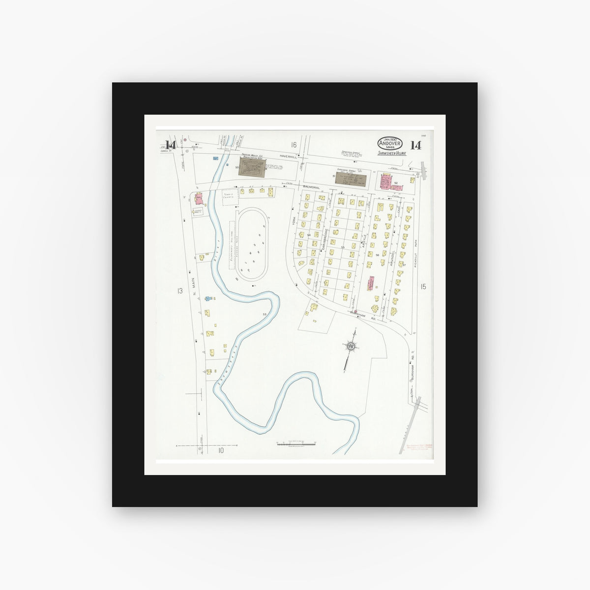 Old map wall art mockup — black gallery frame with white mat — Sanborn Fire Insurance Map from Andover, Essex County, Massachusetts (1930), Sheet #0014