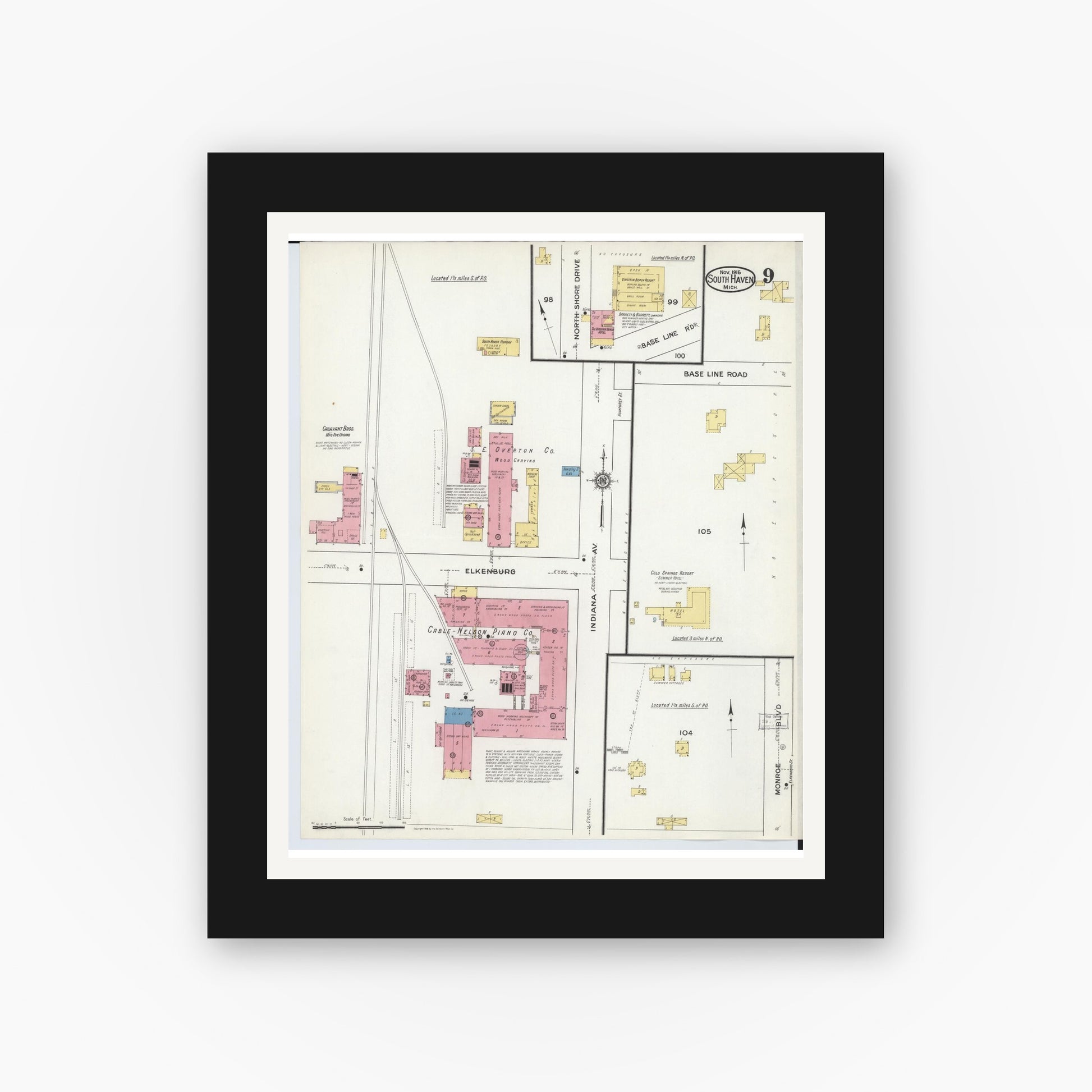 Old map wall art mockup — black gallery frame with white mat — Sanborn Fire Insurance Map from South Haven, Van Buren County, Michigan (1916), Sheet #0009