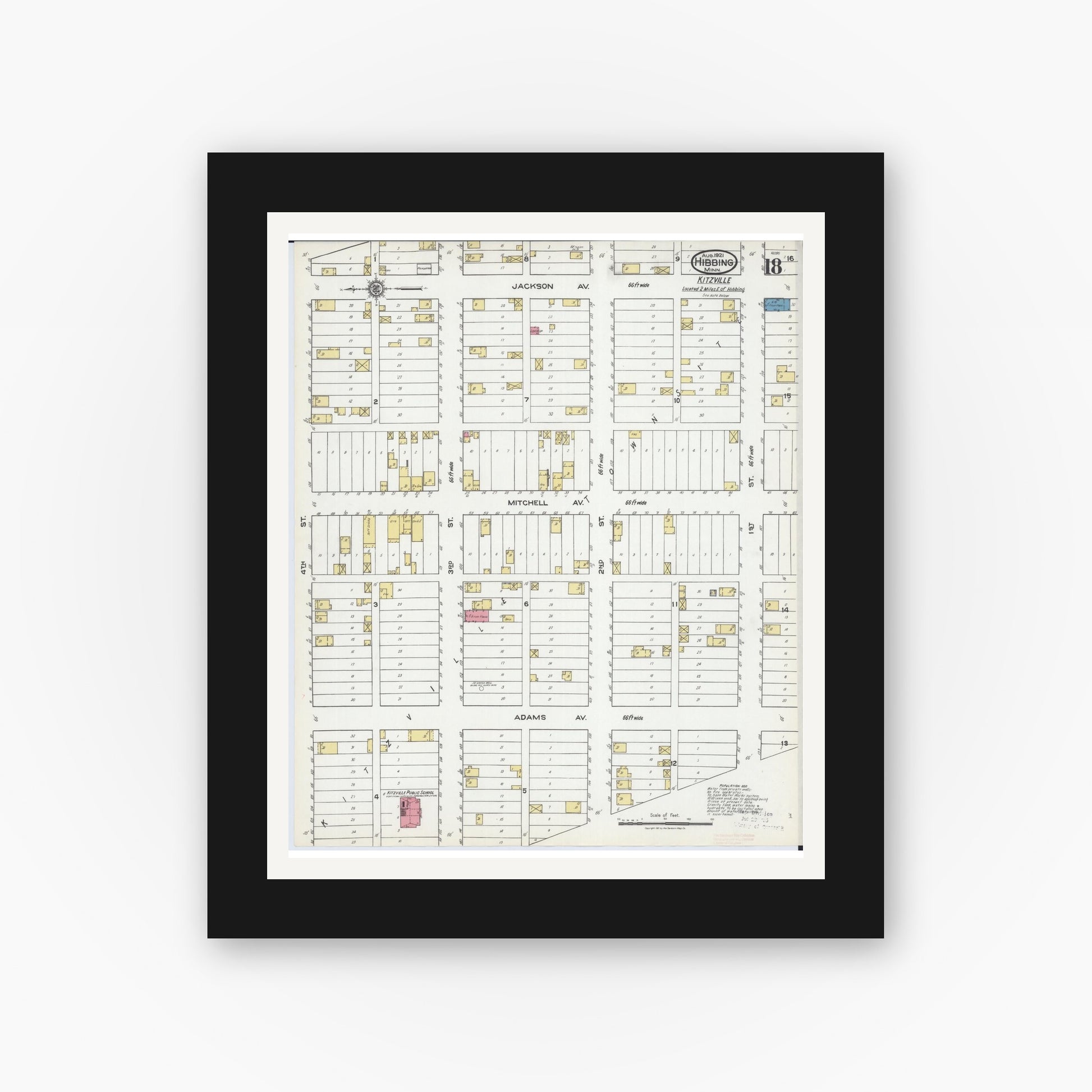 Old map wall art mockup — black gallery frame with white mat — Sanborn Fire Insurance Map from Hibbing, Saint Louis County, Minnesota (1921), Sheet #0018