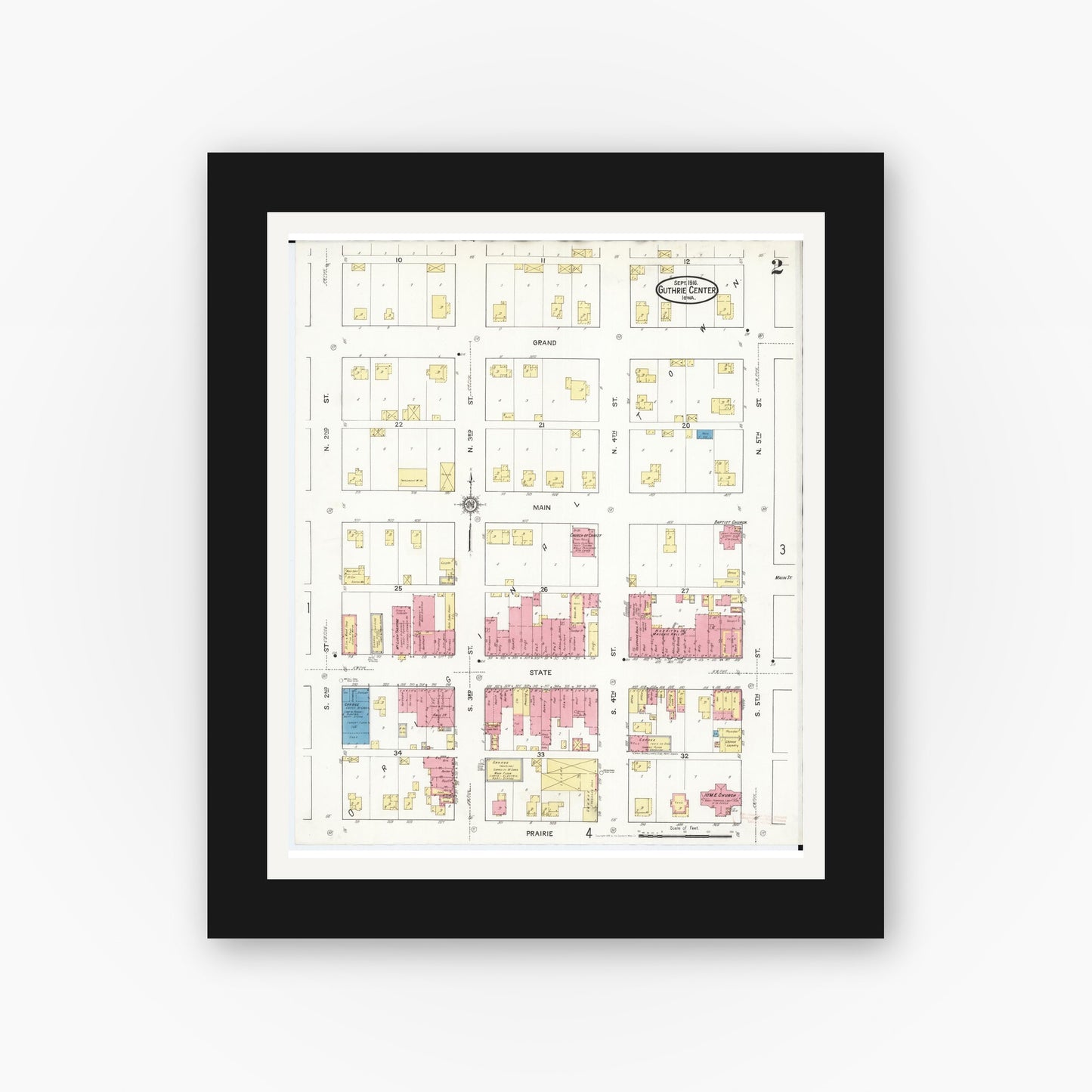 Old map wall art mockup — black gallery frame with white mat — Sanborn Fire Insurance Map from Guthrie Center, Guthrie County, Iowa (1916), Sheet #0002