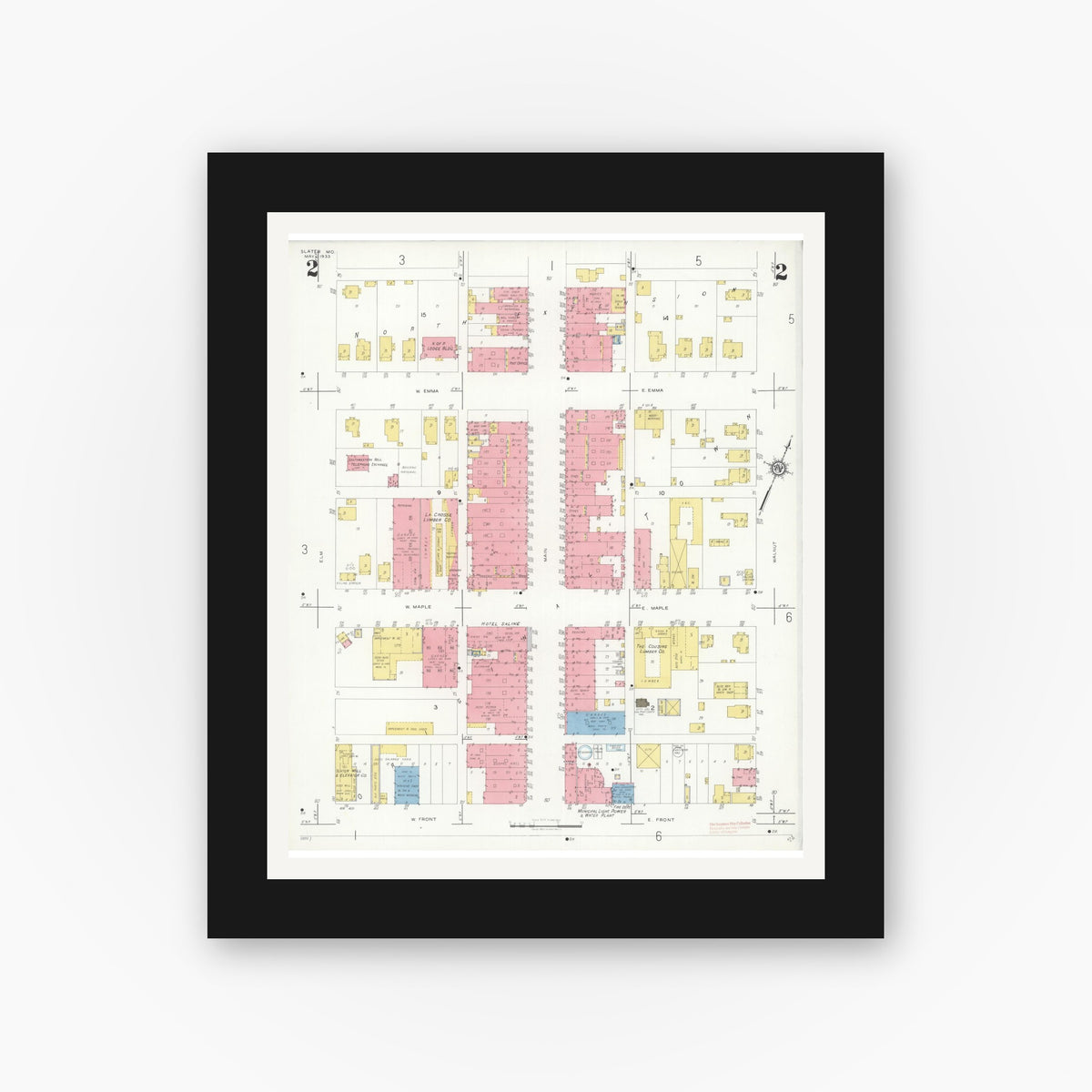 Old map wall art mockup — black gallery frame with white mat — Sanborn Fire Insurance Map from Slater, Saline County, Missouri (1933), Sheet #0002