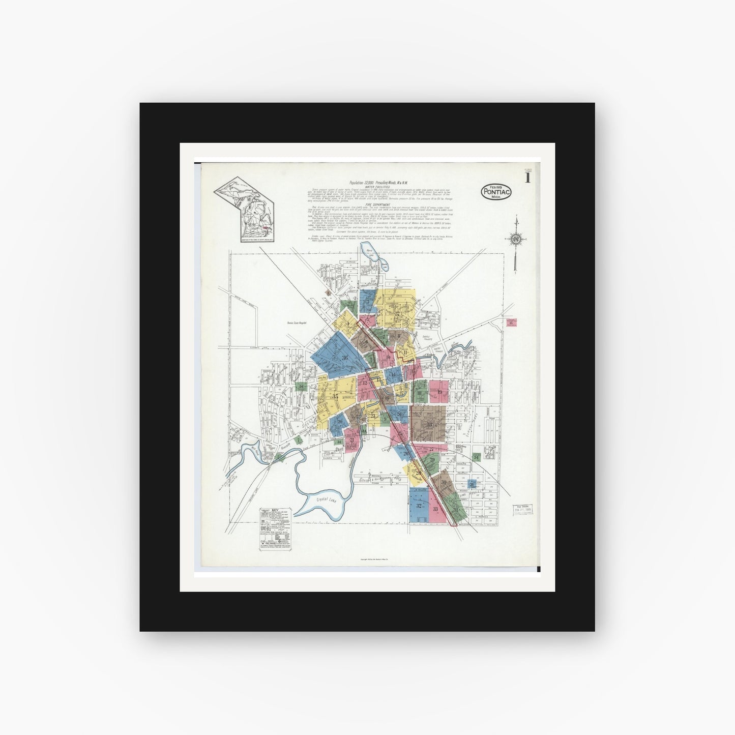 Old map wall art mockup — black gallery frame with white mat — Sanborn Fire Insurance Map from Pontiac, Oakland County, Michigan (1919) - Complete Map Set