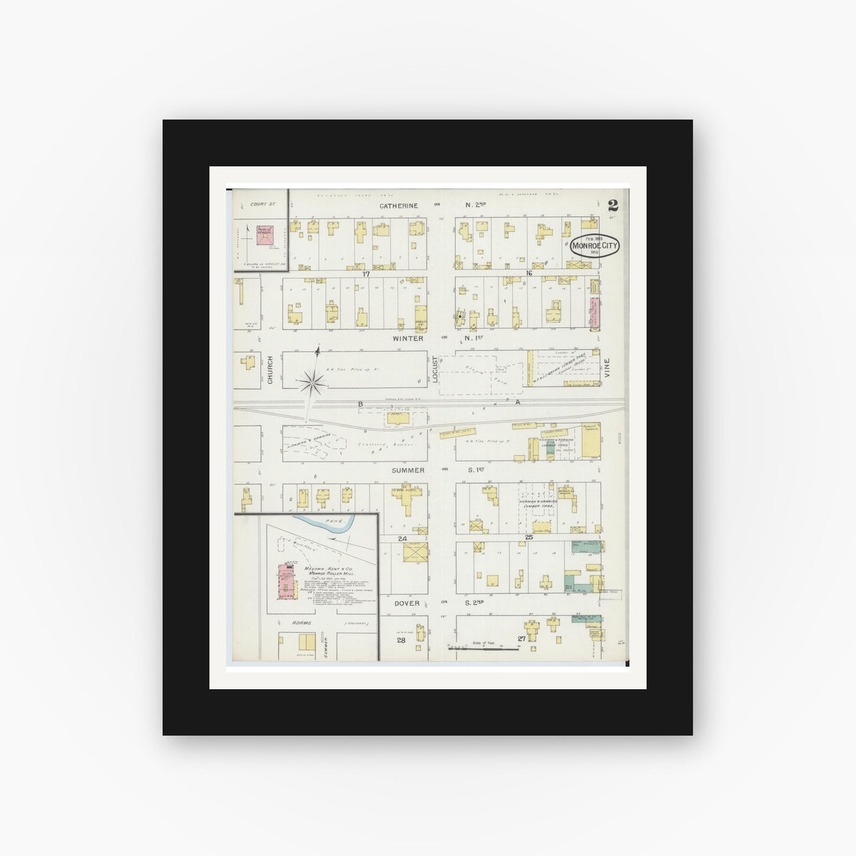 Old map wall art mockup — black gallery frame with white mat — Sanborn Fire Insurance Map from Monroe City, Monroe County, Missouri (1893), Sheet #0002