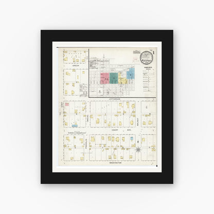 Old map wall art mockup — black gallery frame with white mat — Sanborn Fire Insurance Map from Winterset, Madison County, Iowa (1893), Sheet #0001