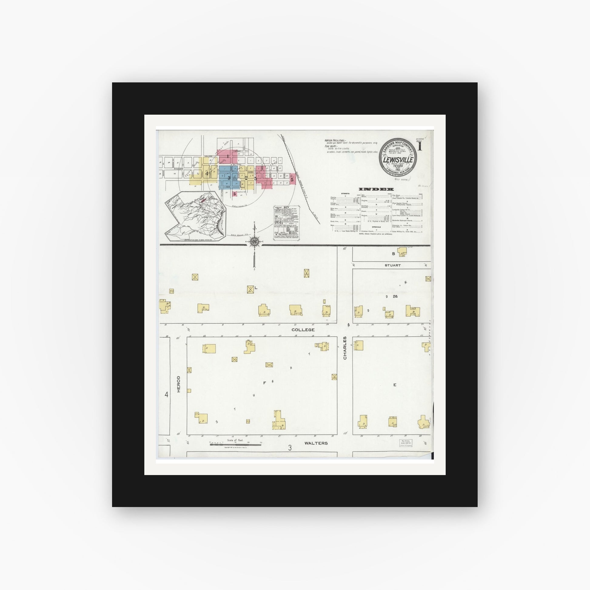Old map wall art mockup — black gallery frame with white mat — Sanborn Fire Insurance Map from Lewisville, Denton County, Texas (1921) - Complete Map Set