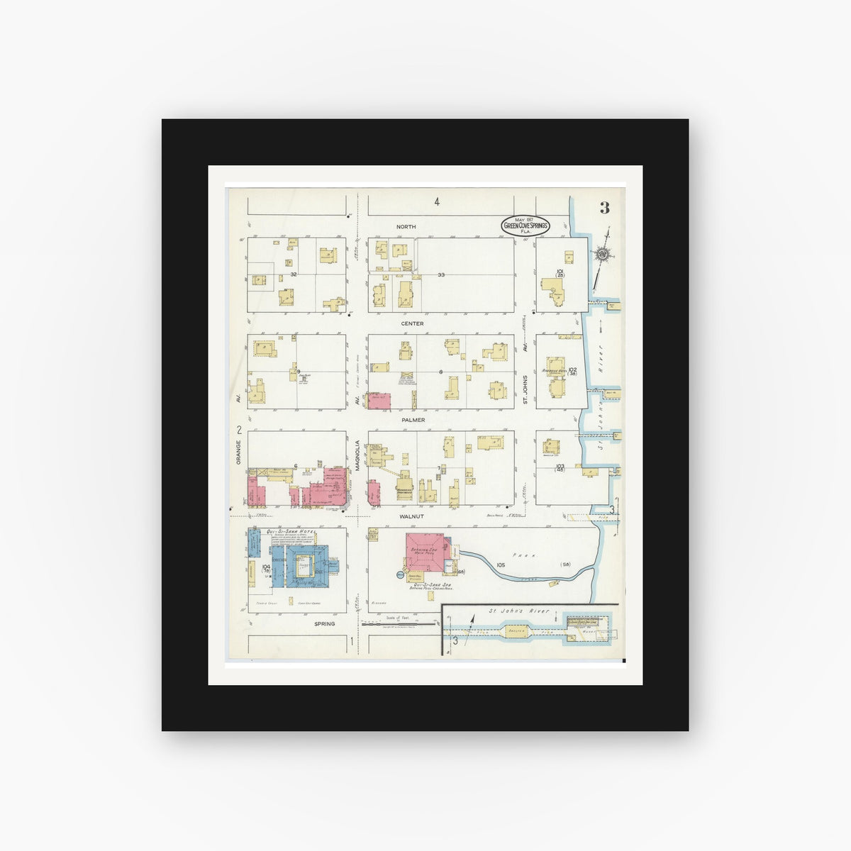 Old map wall art mockup — black gallery frame with white mat — Sanborn Fire Insurance Map from Green Cove Springs, Clay County, Florida (1917), Sheet #0003