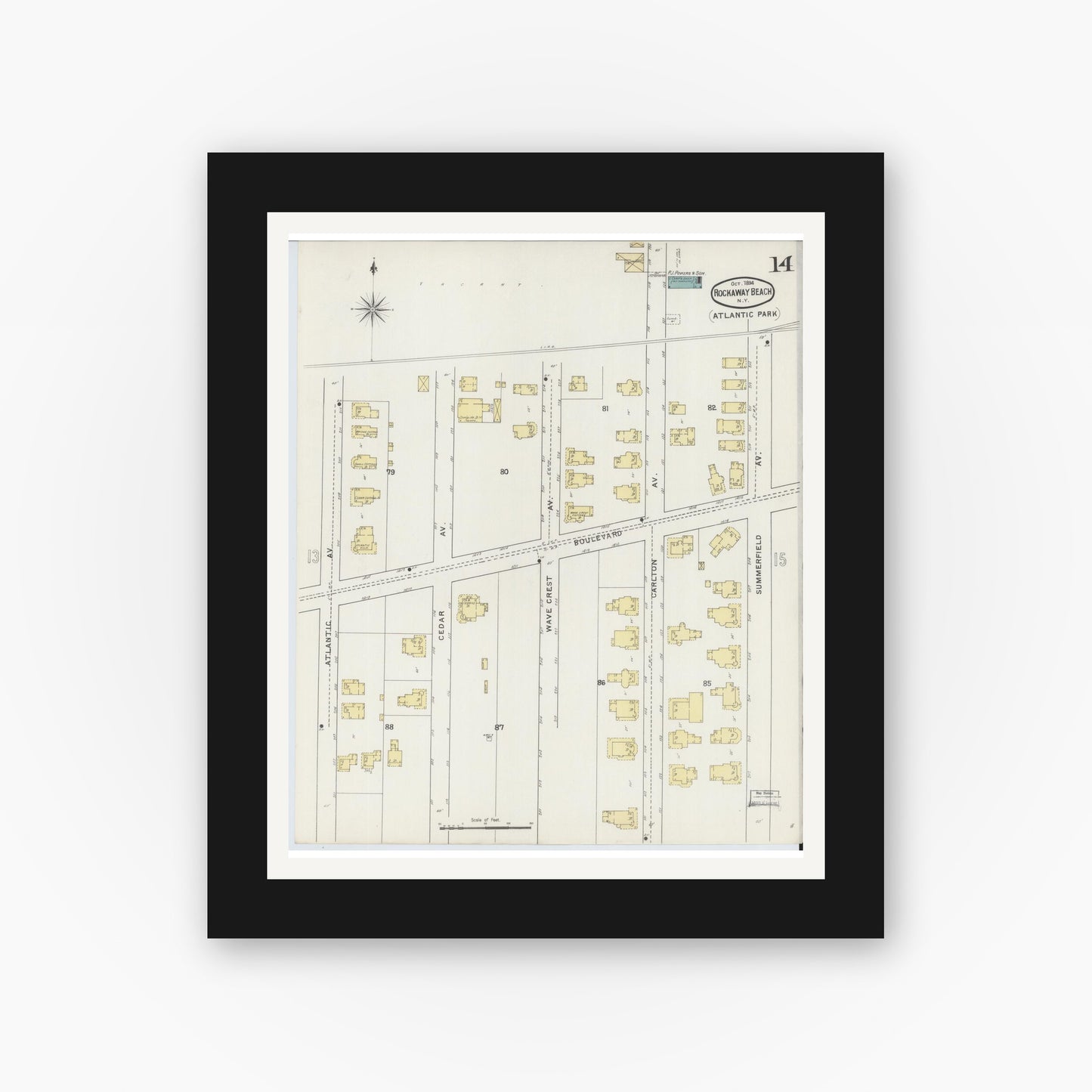 Old map wall art mockup — black gallery frame with white mat — Sanborn Fire Insurance Map from Rockaway Beach, Queens County, New York (1894), Sheet #0014
