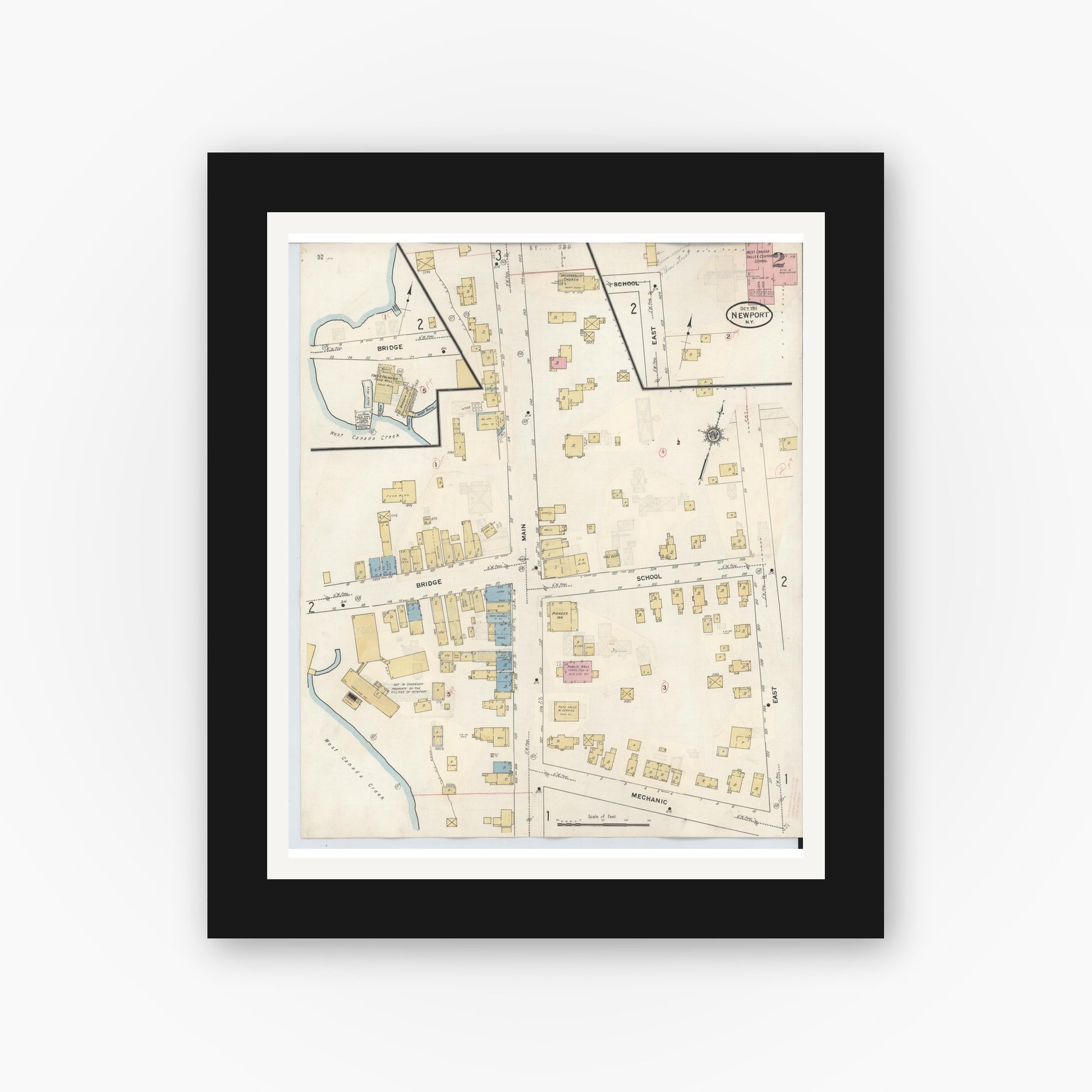 Old map wall art mockup — black gallery frame with white mat — Sanborn Fire Insurance Map from Newport, Herkimer County, New York (1938), Sheet #0002
