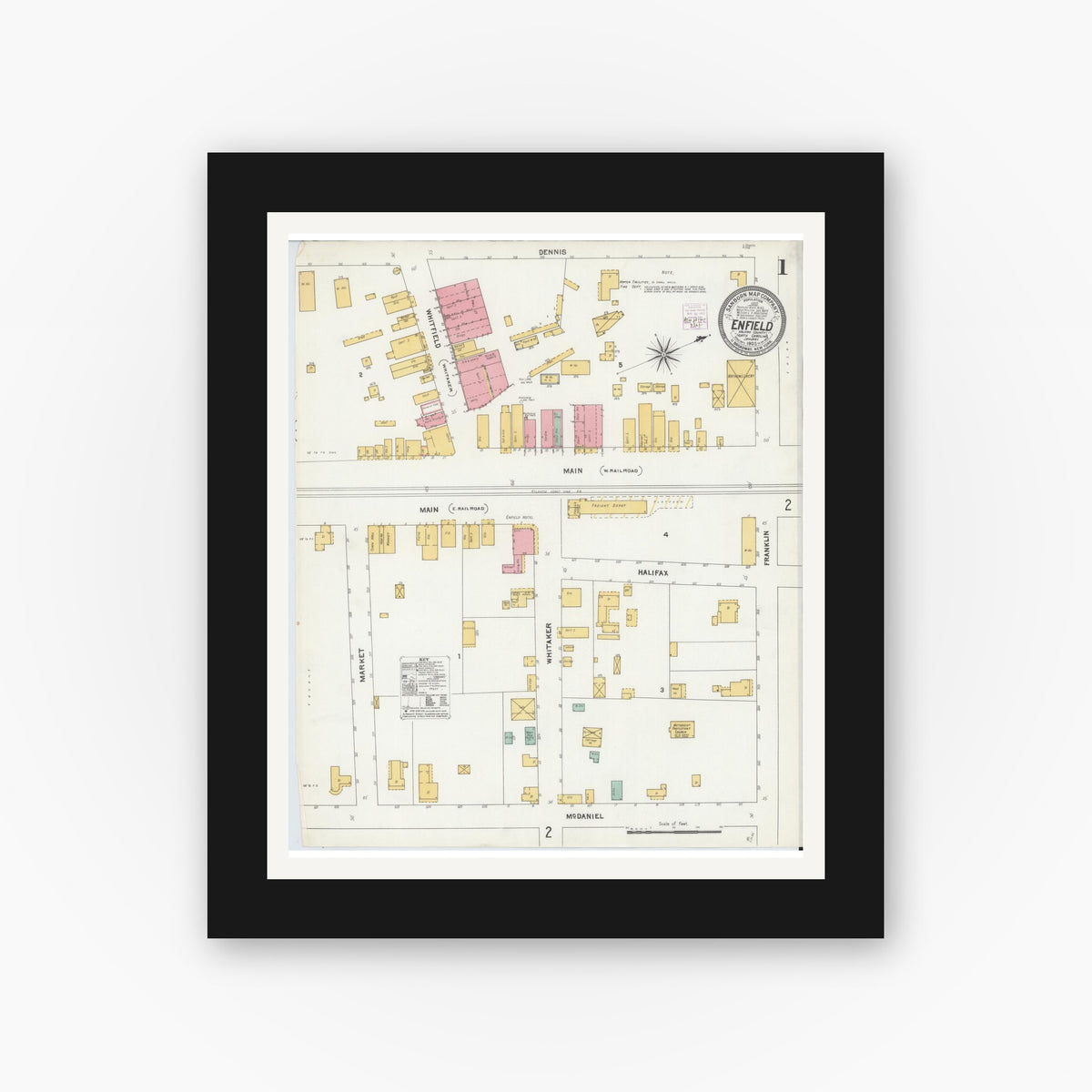 Old map wall art mockup — black gallery frame with white mat — Sanborn Fire Insurance Map from Enfield, Halifax County, North Carolina (1905) - Complete Map Set