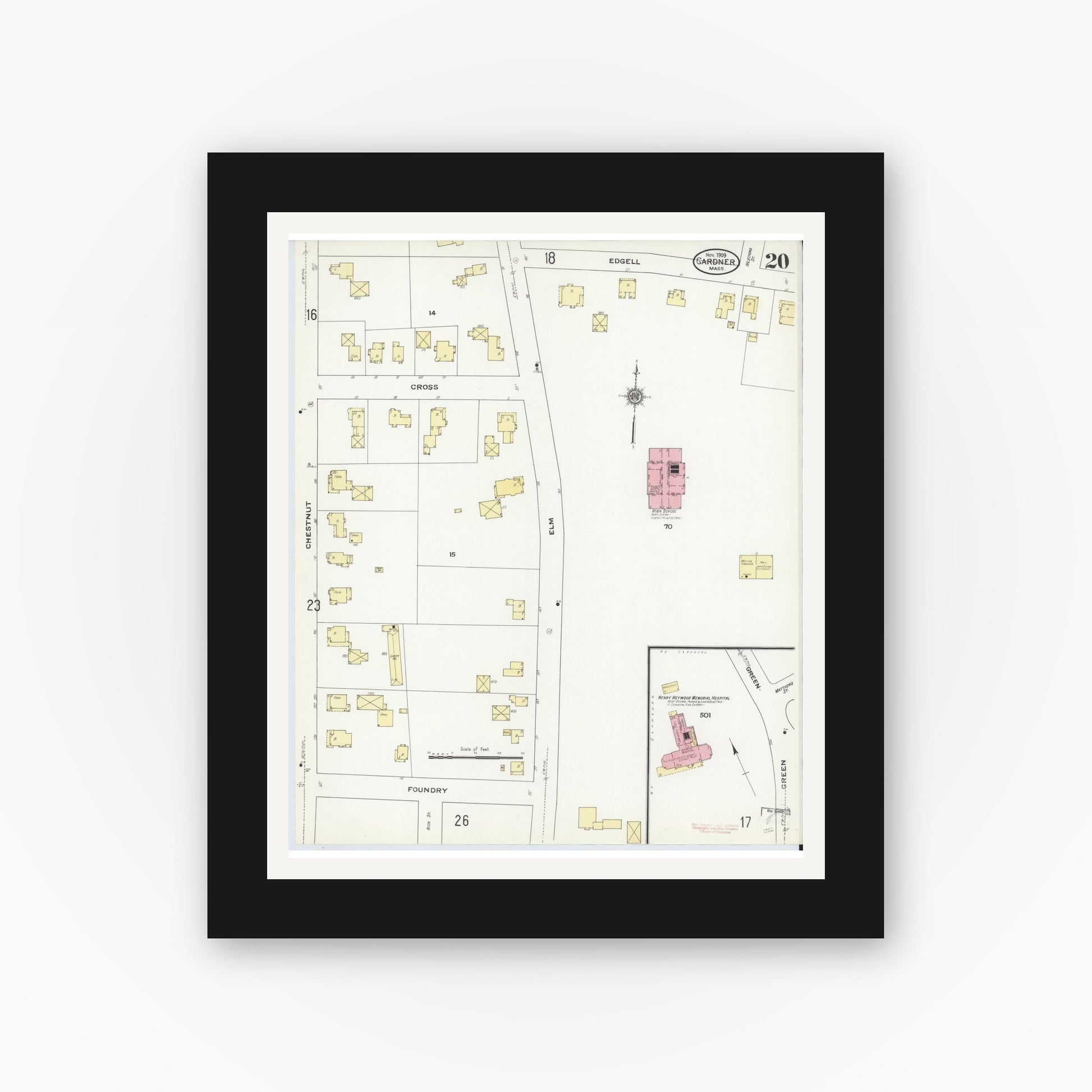 Old map wall art mockup — black gallery frame with white mat — Sanborn Fire Insurance Map from Gardner, Worcester County, Massachusetts (1909), Sheet #0020