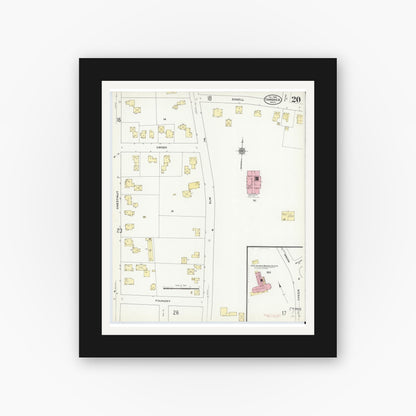 Old map wall art mockup — black gallery frame with white mat — Sanborn Fire Insurance Map from Gardner, Worcester County, Massachusetts (1909), Sheet #0020