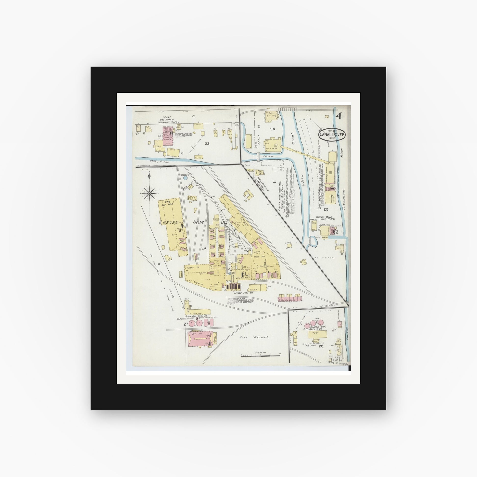 Old map wall art mockup — black gallery frame with white mat — Sanborn Fire Insurance Map from Canal Dover, Tuscarawas County, Ohio (1893), Sheet #0004
