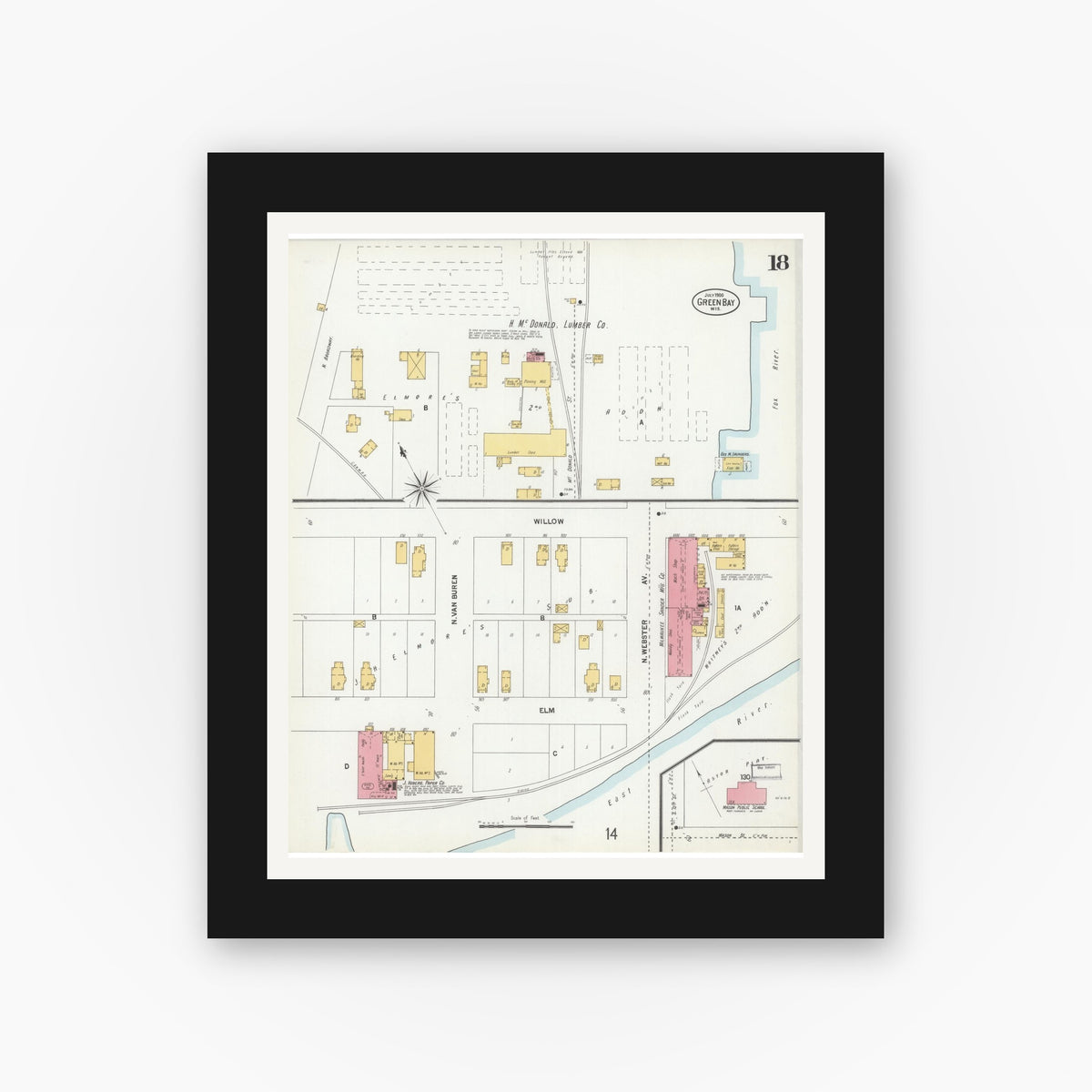 Old map wall art mockup — black gallery frame with white mat — Sanborn Fire Insurance Map from Green Bay, Brown County, Wisconsin (1900), Sheet #0018