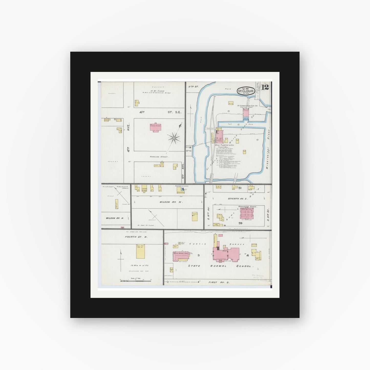 Old map wall art mockup — black gallery frame with white mat — Sanborn Fire Insurance Map from Saint Cloud, Stearns, Benton, and Sherburne Counties, Minnesota (1893), Sheet #0012