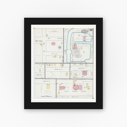 Old map wall art mockup — black gallery frame with white mat — Sanborn Fire Insurance Map from Saint Cloud, Stearns, Benton, and Sherburne Counties, Minnesota (1893), Sheet #0012